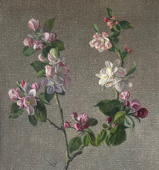 Artistic depiction of floral branches with pink and white flowers on a textured gray background
