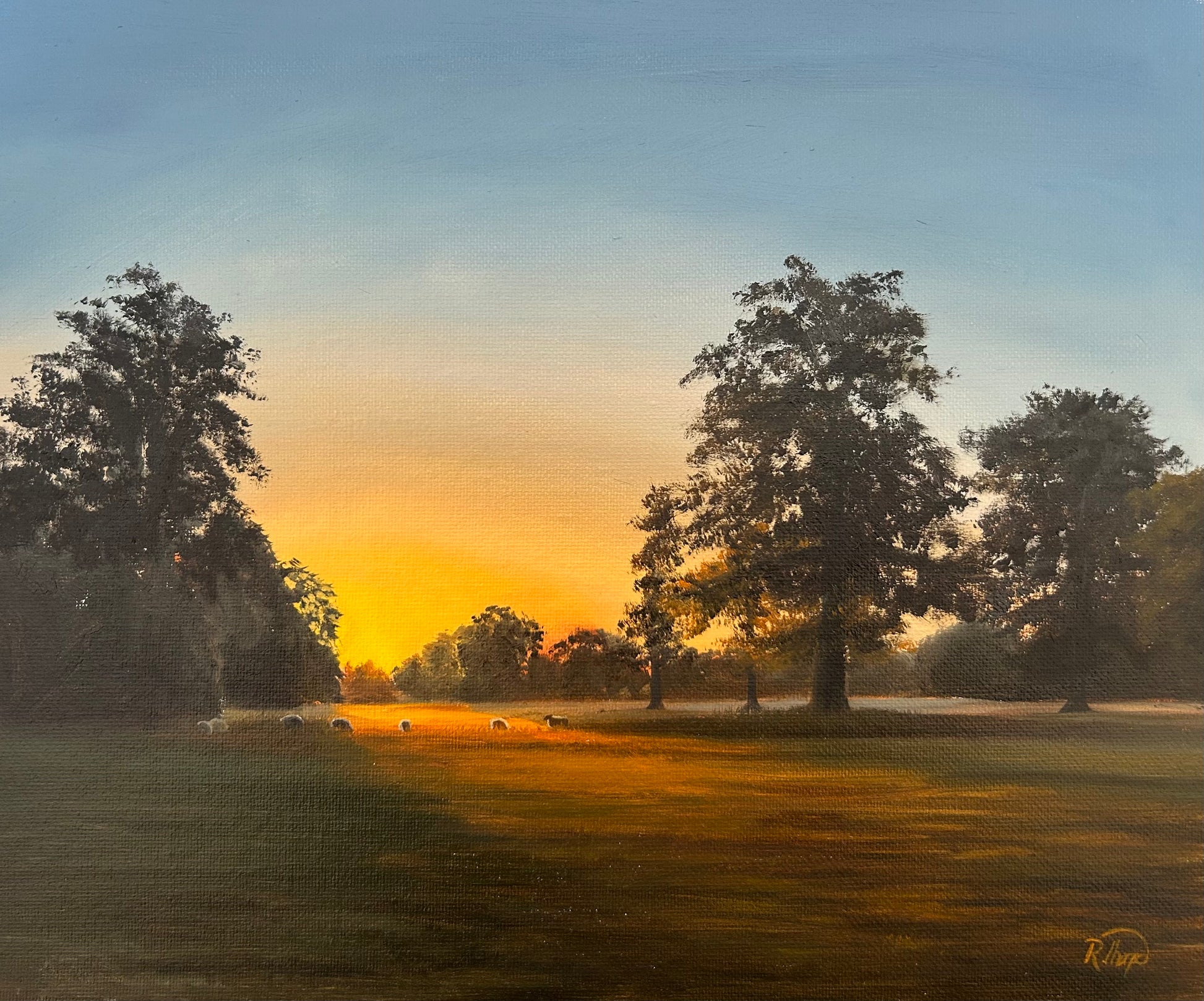 A landscape painting of a serene sunset over a grassy field, featuring silhouetted trees on both sides and a glowing orange and yellow horizon under a soft blue sky.