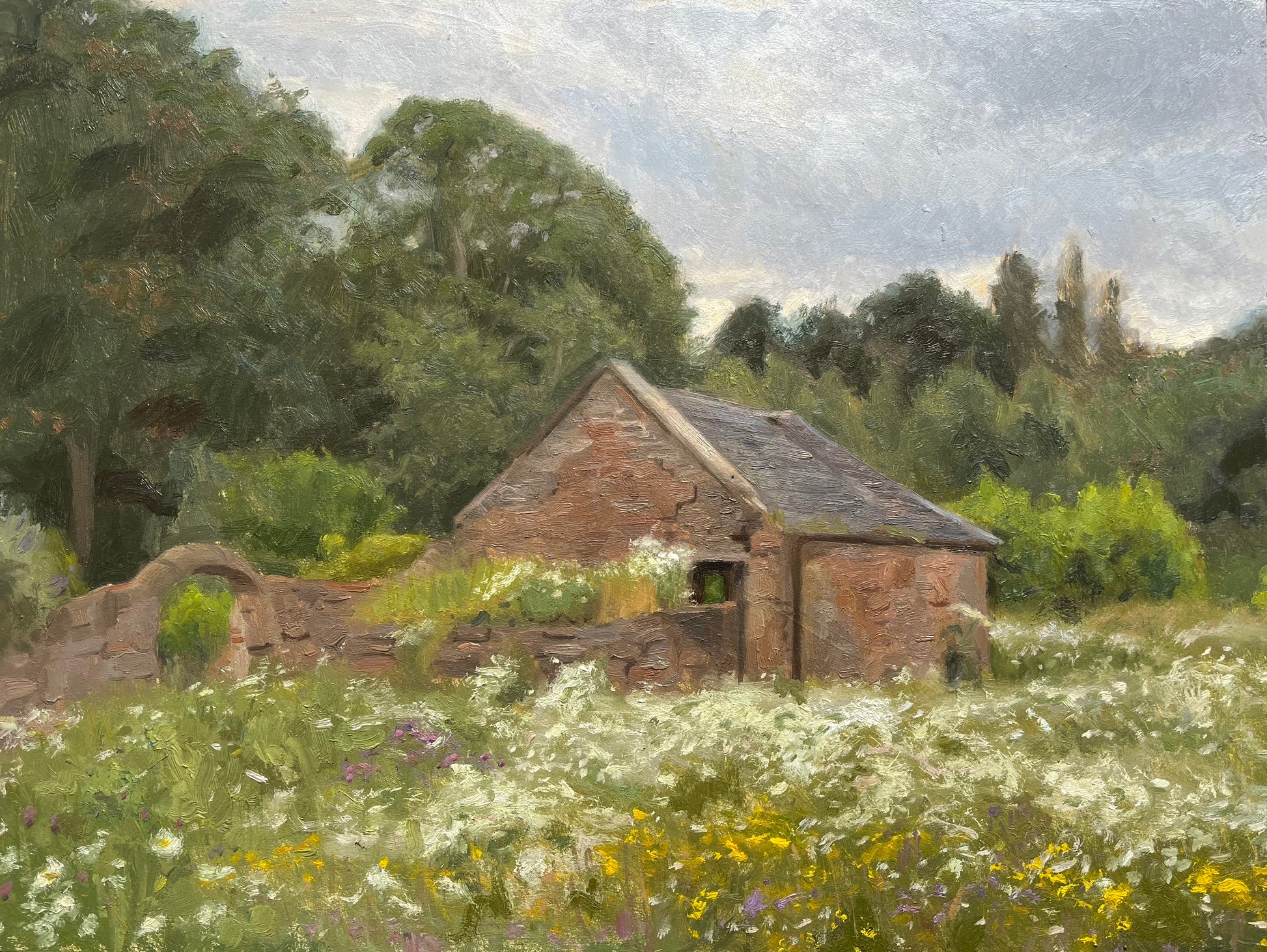 Impressionistic landscape painting of a small rustic stone cottage surrounded by a wildflower meadow, with dense green trees and a cloudy sky in the background.