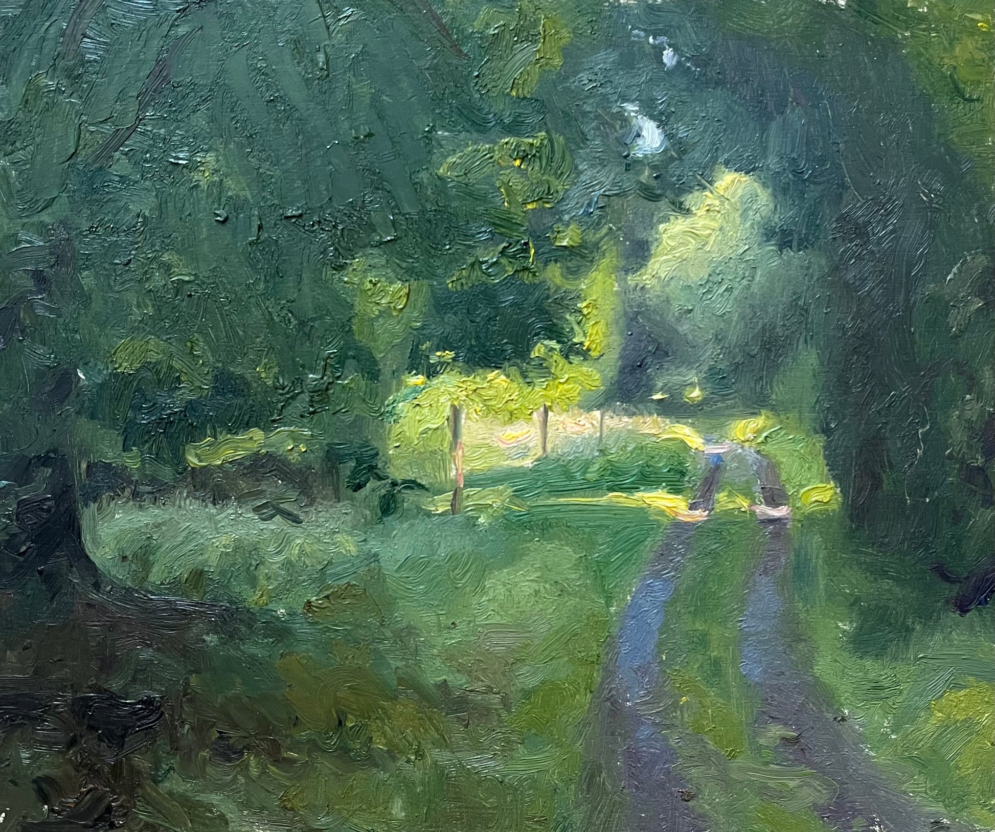 Impressionistic oil painting of a sunlit tree-lined path with dappled green and yellow light, textured brushstrokes, and a small figure walking in the distance.
