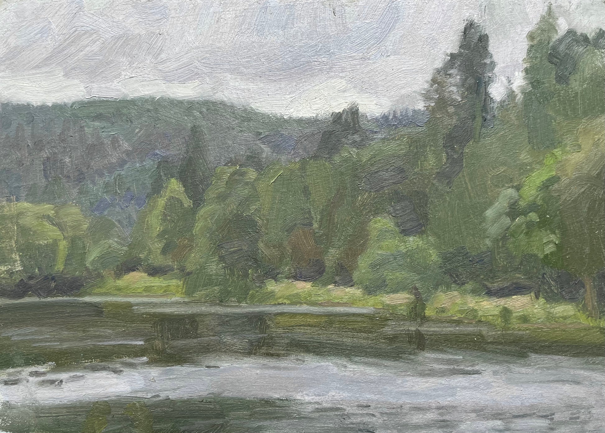 An impressionistic landscape painting depicting a river or lake with green trees and hills under a cloudy sky, rendered in textured brushstrokes of green, gray, and white.