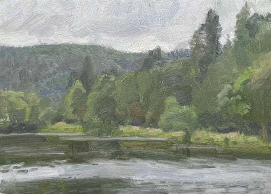 An impressionistic landscape painting depicting a river or lake with green trees and hills under a cloudy sky, rendered in textured brushstrokes of green, gray, and white.