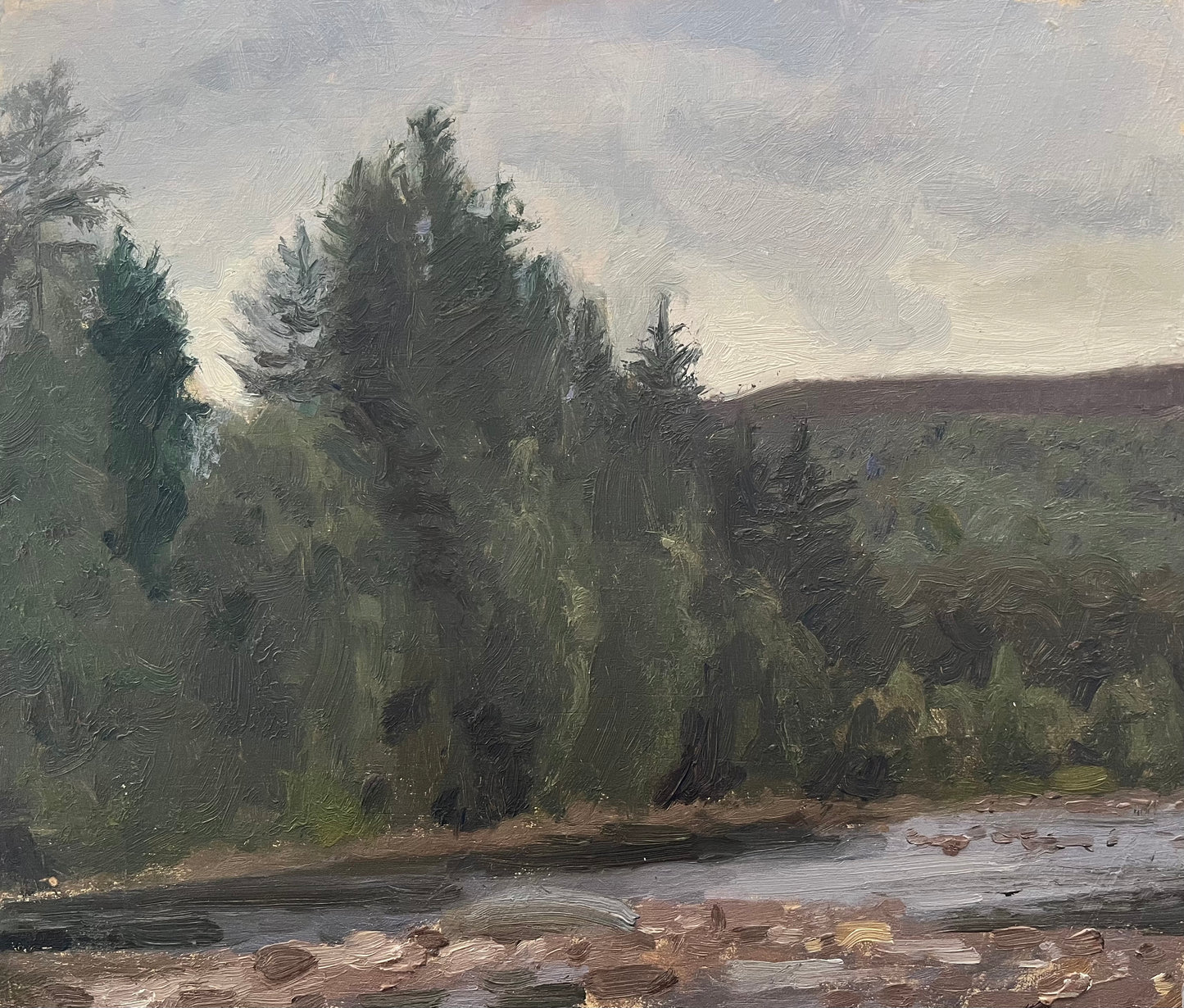 An oil painting of a forest landscape with tall dark evergreen trees, a rocky river in the foreground, and a cloudy sky.