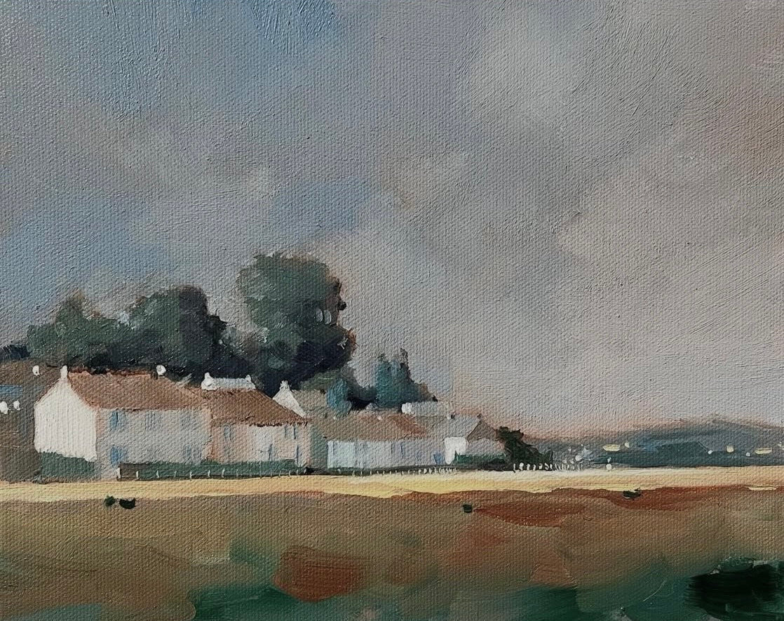 Painting of a field with houses and trees and a cloudy sky with a patch of blue sky peeking through. Oil on Board painted by Alex Hinge and measuring 36x32cm framed.