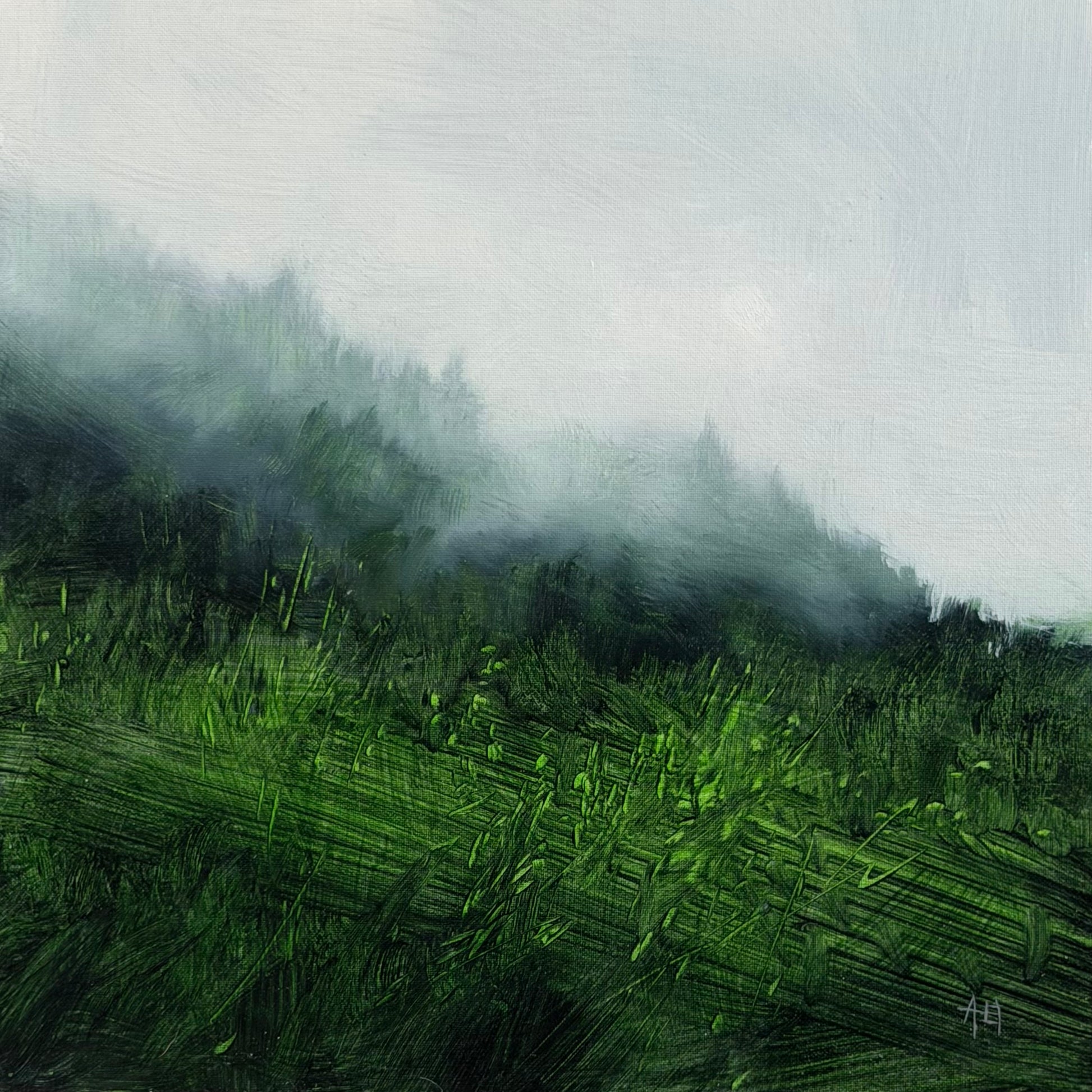 Abstract art with brush strokes in green, black, and white