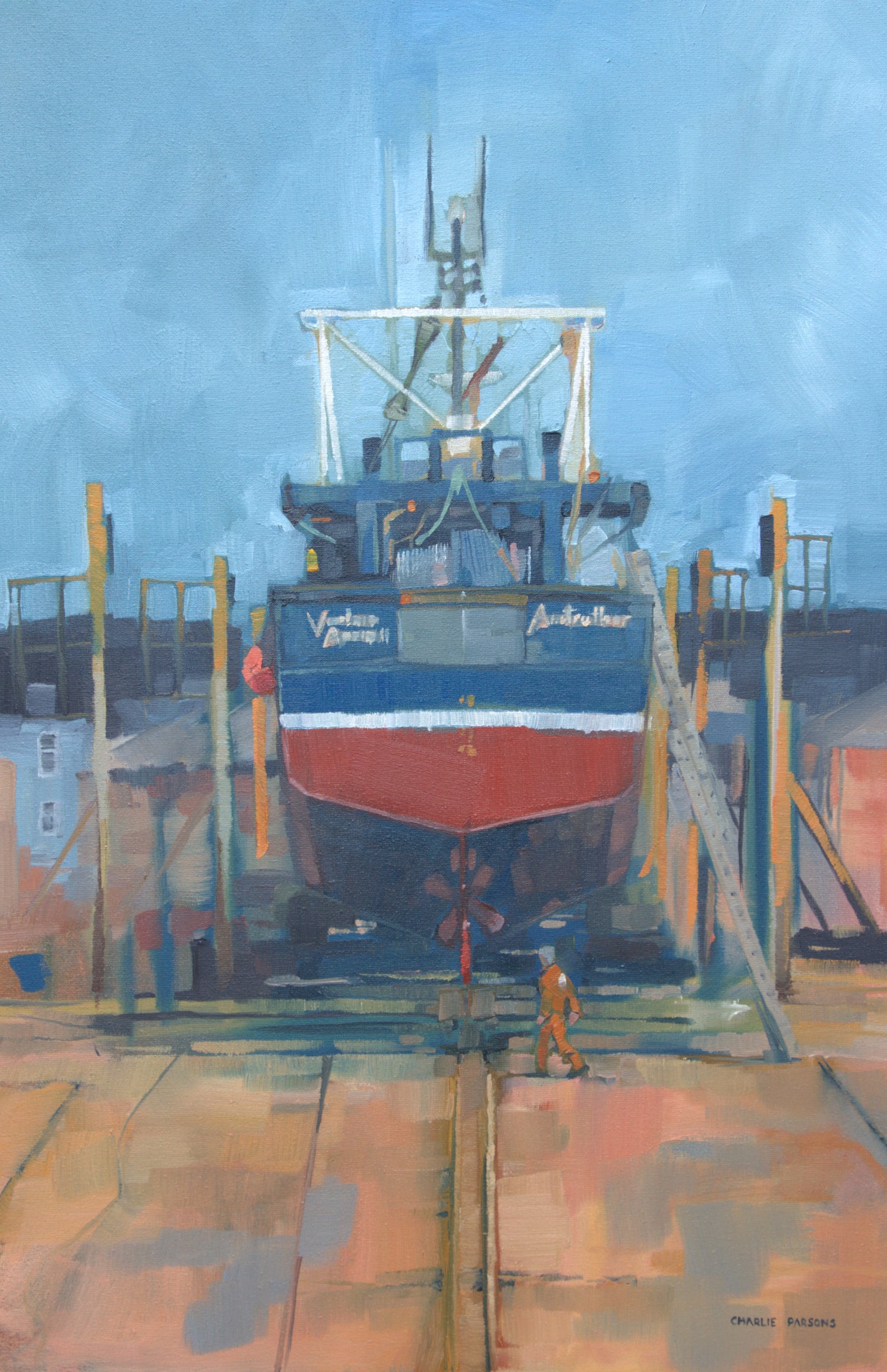 An impressionistic painting of a fishing boat in a dry dock, with a blue sky, a red and white hull, and warm brown and orange tones in the water and wooden structures. The artist's signature 'Pamela Reed' is visible in the bottom right corner.