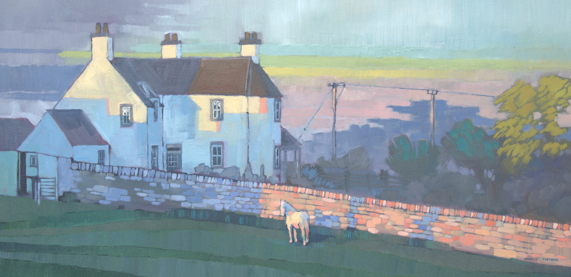 A stylized landscape painting of a pale blue cottage with a dark roof, set behind a stone wall with a small white horse in the foreground. The background features a soft gradient sky in muted blue, green, and yellow tones, with trees on the right.