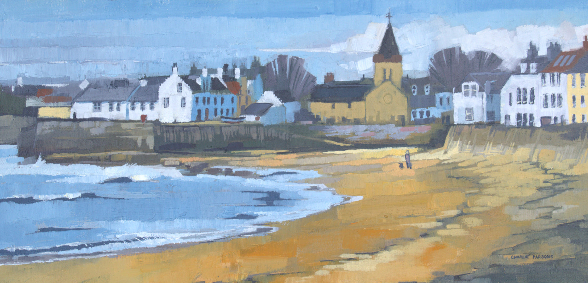 A watercolor painting of a coastal village scene with blue-gray ocean waves, a sandy beach, white and yellow buildings, and a church steeple under a cloudy sky.