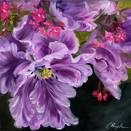 An oil painting of some purple flowers.