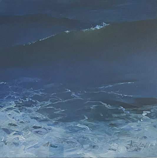 Artistic depiction of ocean waves with a signature in the corner