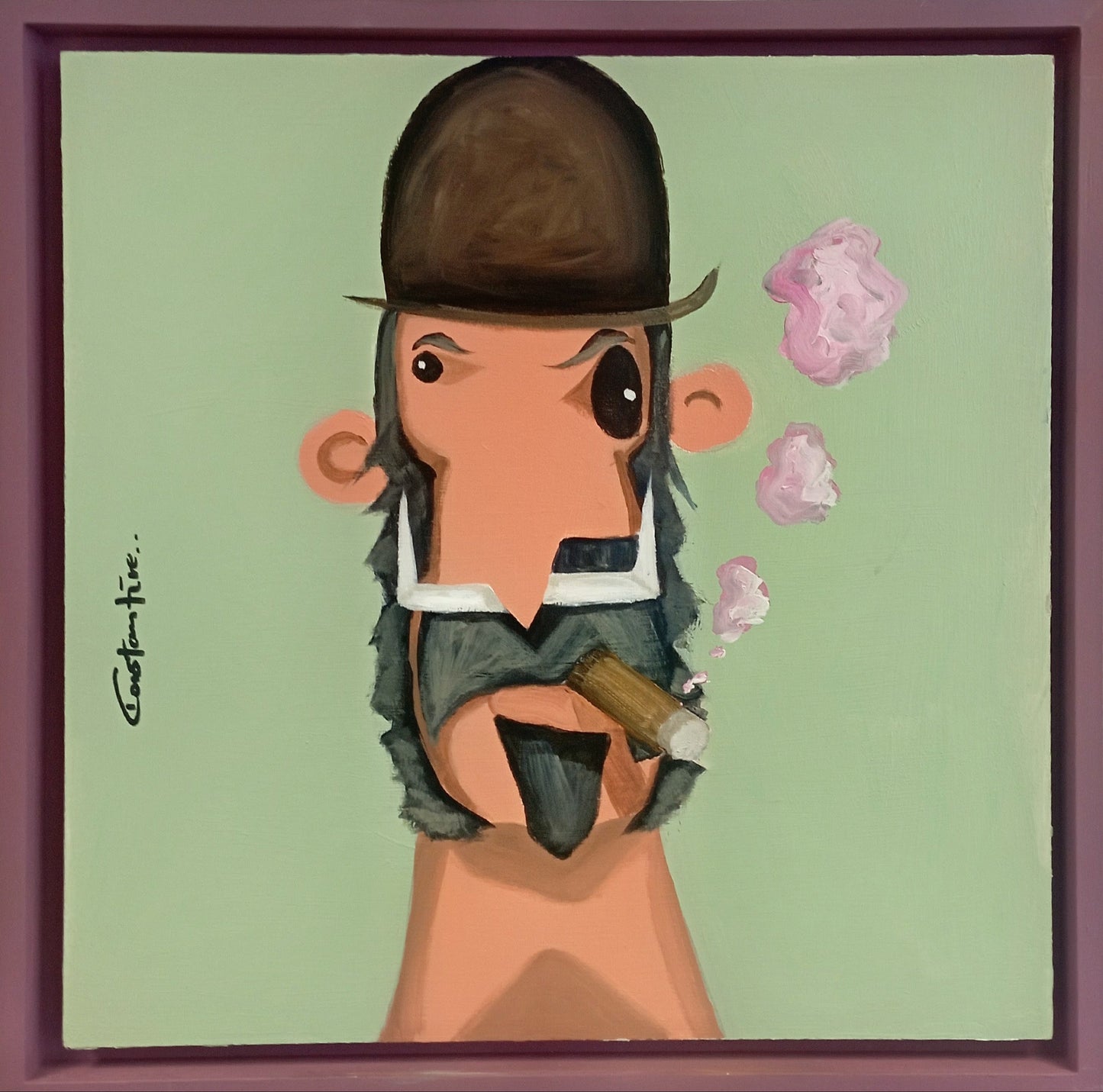 A framed square painting featuring a stylized cartoon figure with a brown bowler hat, peach-toned face and neck, dark gray clothing, and pink cloud shapes on a pale green background, surrounded by a purple frame.