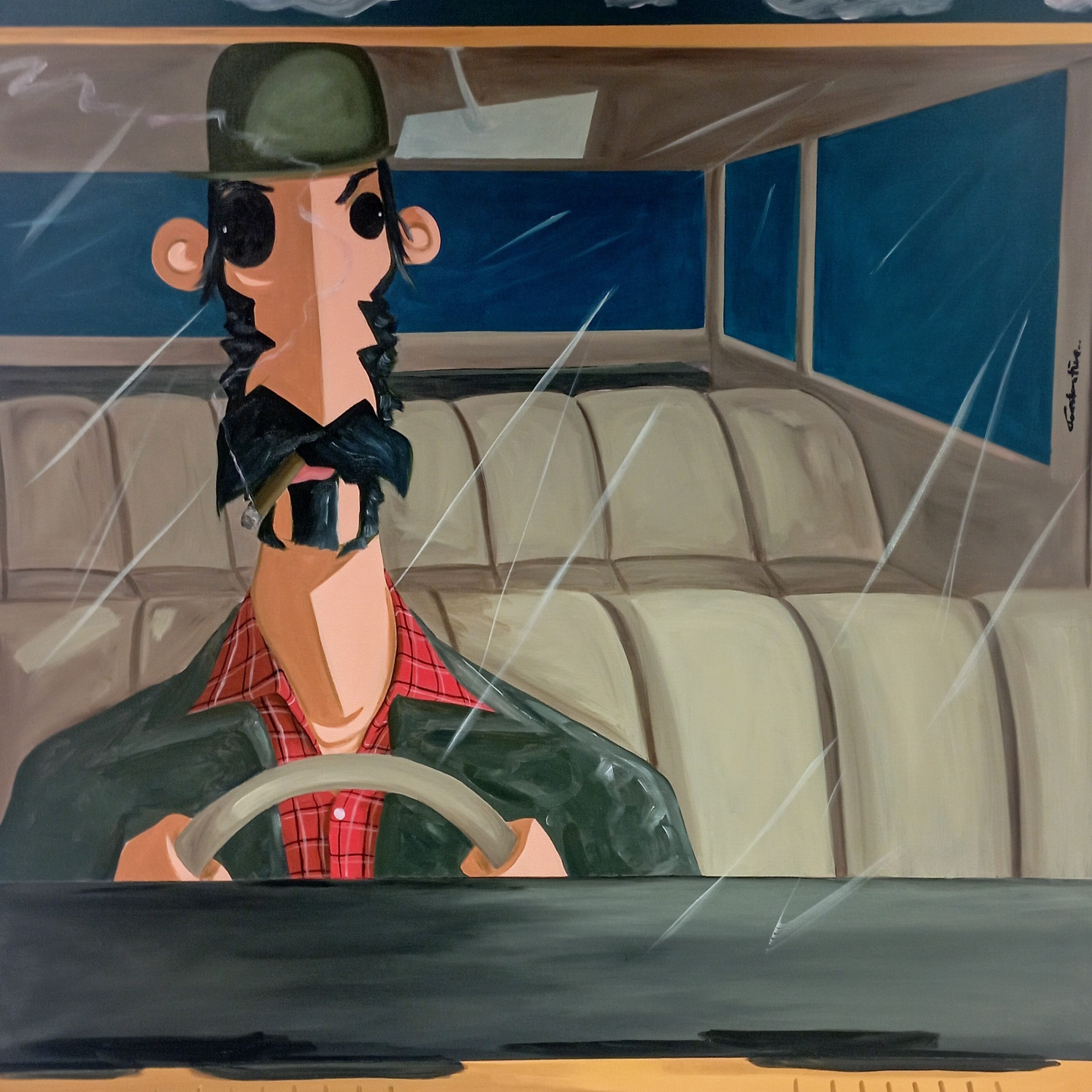 A stylized painted scene of a person driving a vehicle inside, with a beige seat row, blue window panels, and diagonal rain-like streaks across the composition.