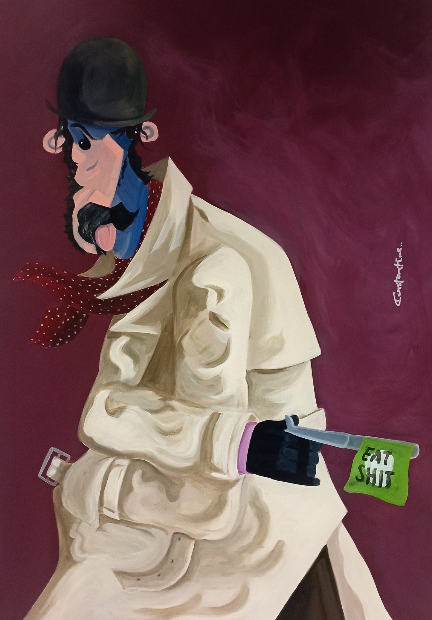 A stylized painting of a person in profile wearing a cream trench coat, black bowler hat, red polka-dot neck scarf, and black gloves, holding a green flag against a dark burgundy background.