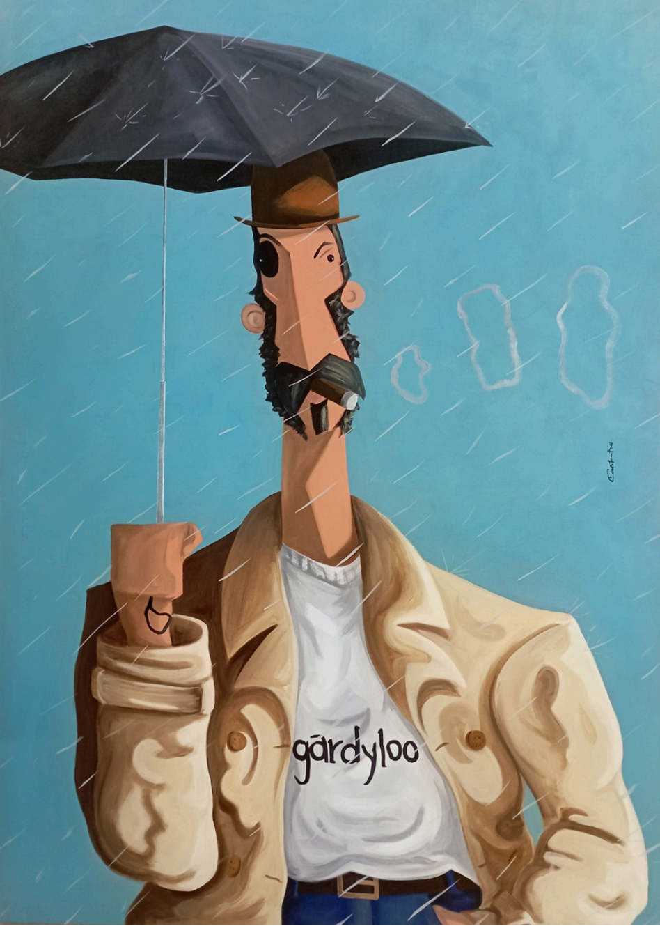 A stylized painting of a man in a beige trench coat and white t-shirt holding a black umbrella in the rain against a light blue background. The t-shirt has the text 'gardyloo' on it.