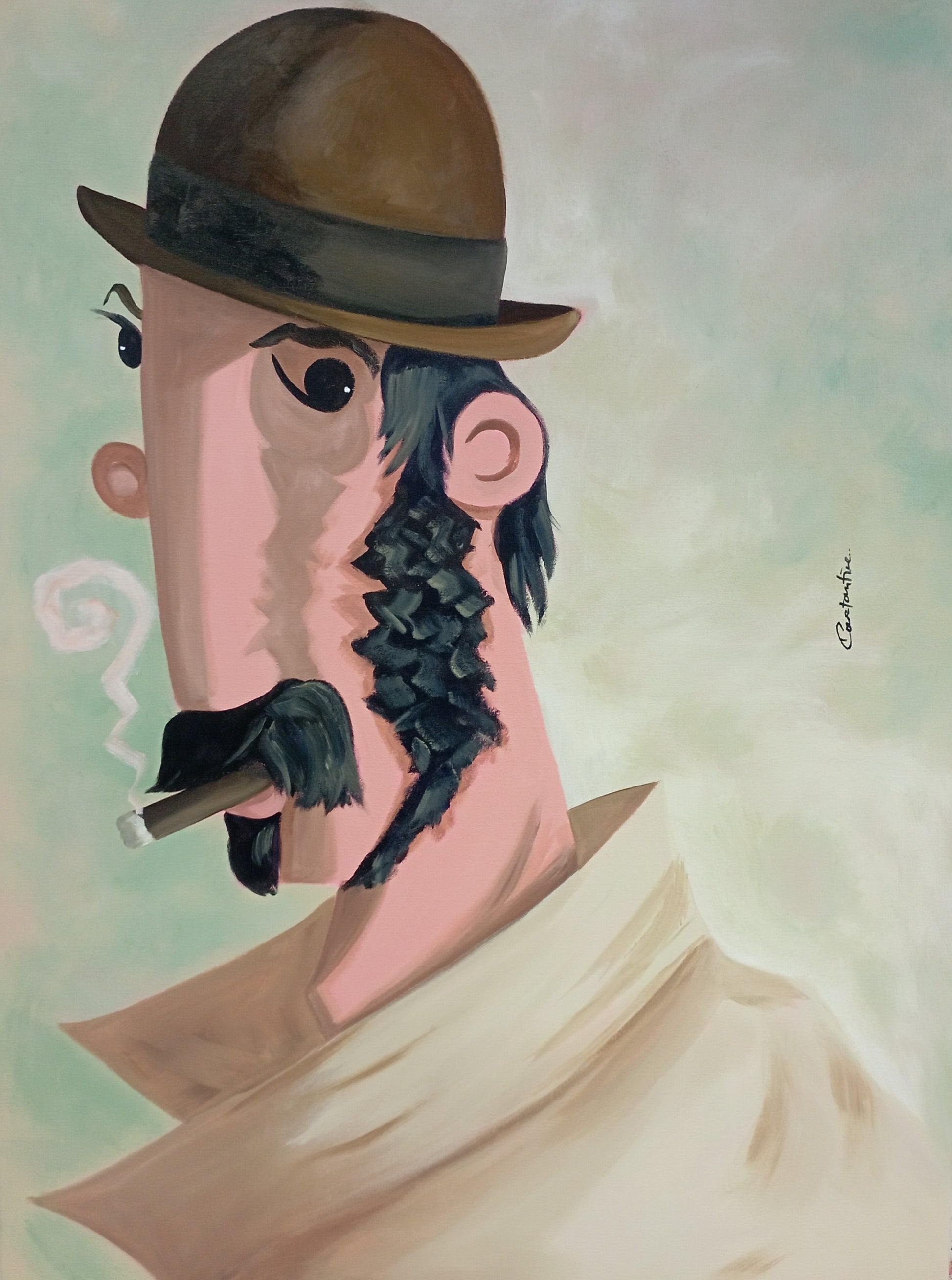 A stylized portrait painting of a man in profile wearing a brown bowler hat, a beige shirt, and holding a cigar, with a dark textured mustache against a soft pale green and beige background.