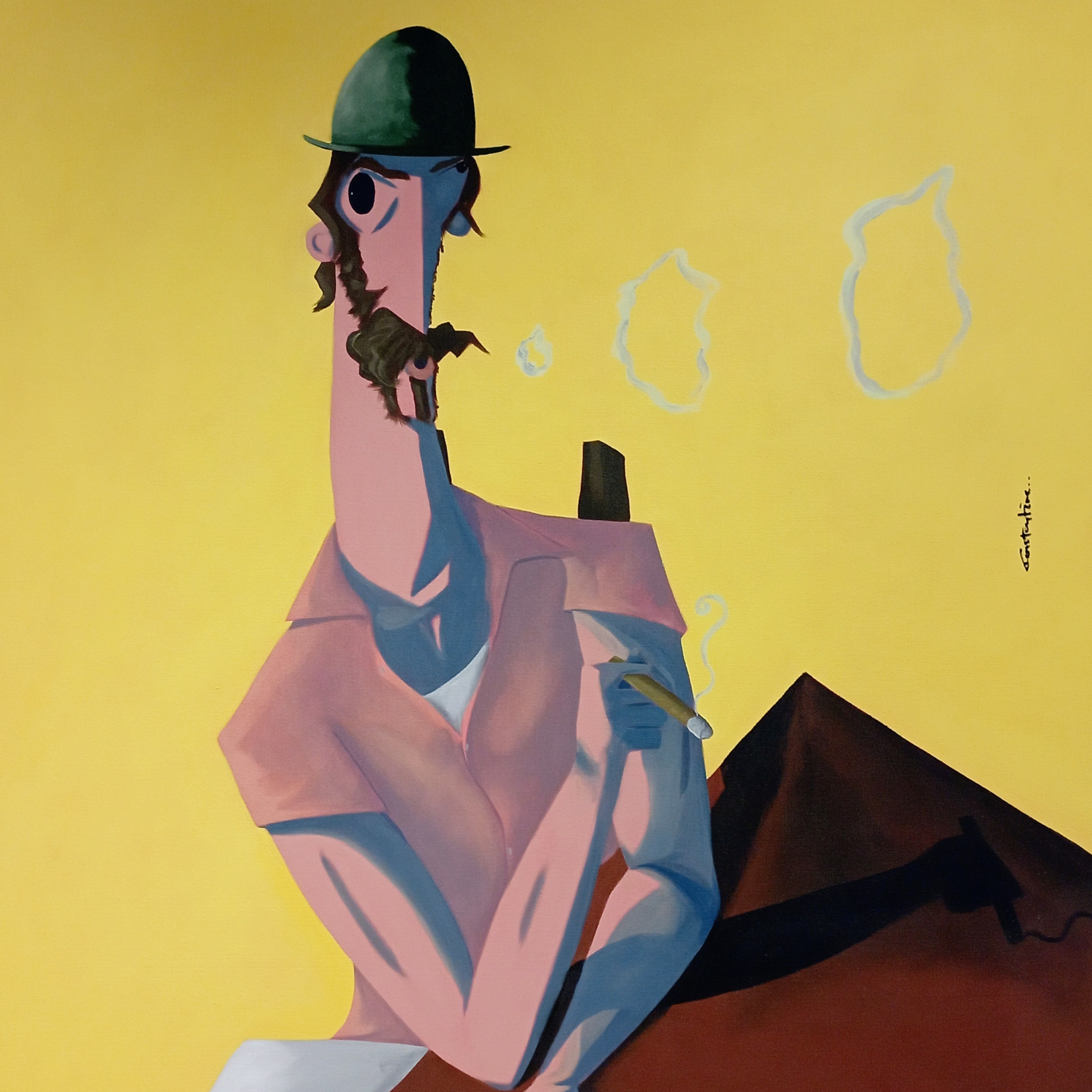 A stylized painting of a seated figure against a bright yellow background. The figure wears a dark green hat, a pink shirt, and holds a cigarette, with abstract smoke shapes and a dark brown geometric form in the lower right.
