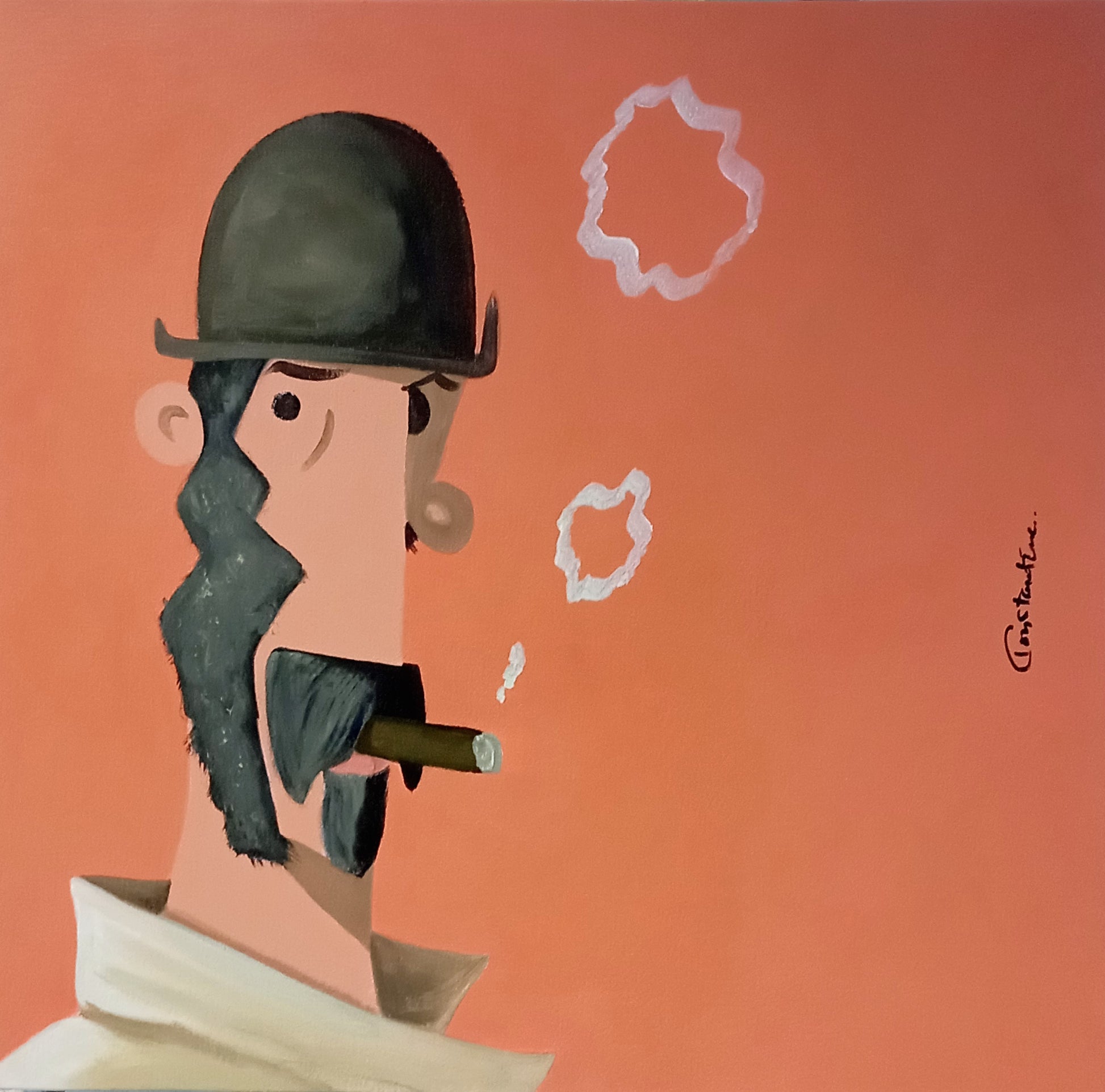 A stylized painting of a man in profile wearing a dark bowler hat and holding a cigar, set against a solid peach-orange background with two white thought bubbles and a visible artist signature on the right.
