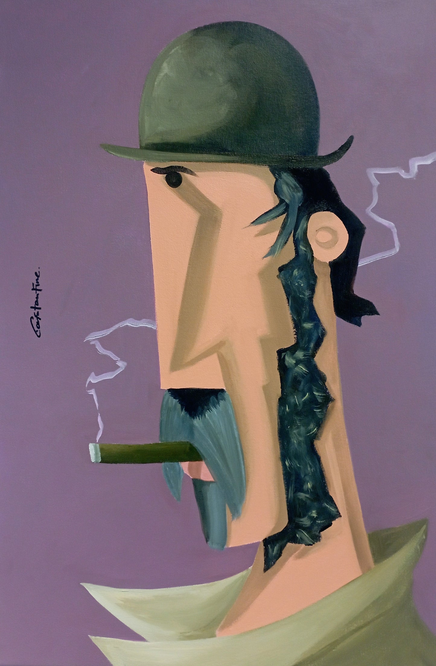 A stylized portrait painting of a man in profile wearing a dark green bowler hat and holding a cigar, set against a solid purple background.