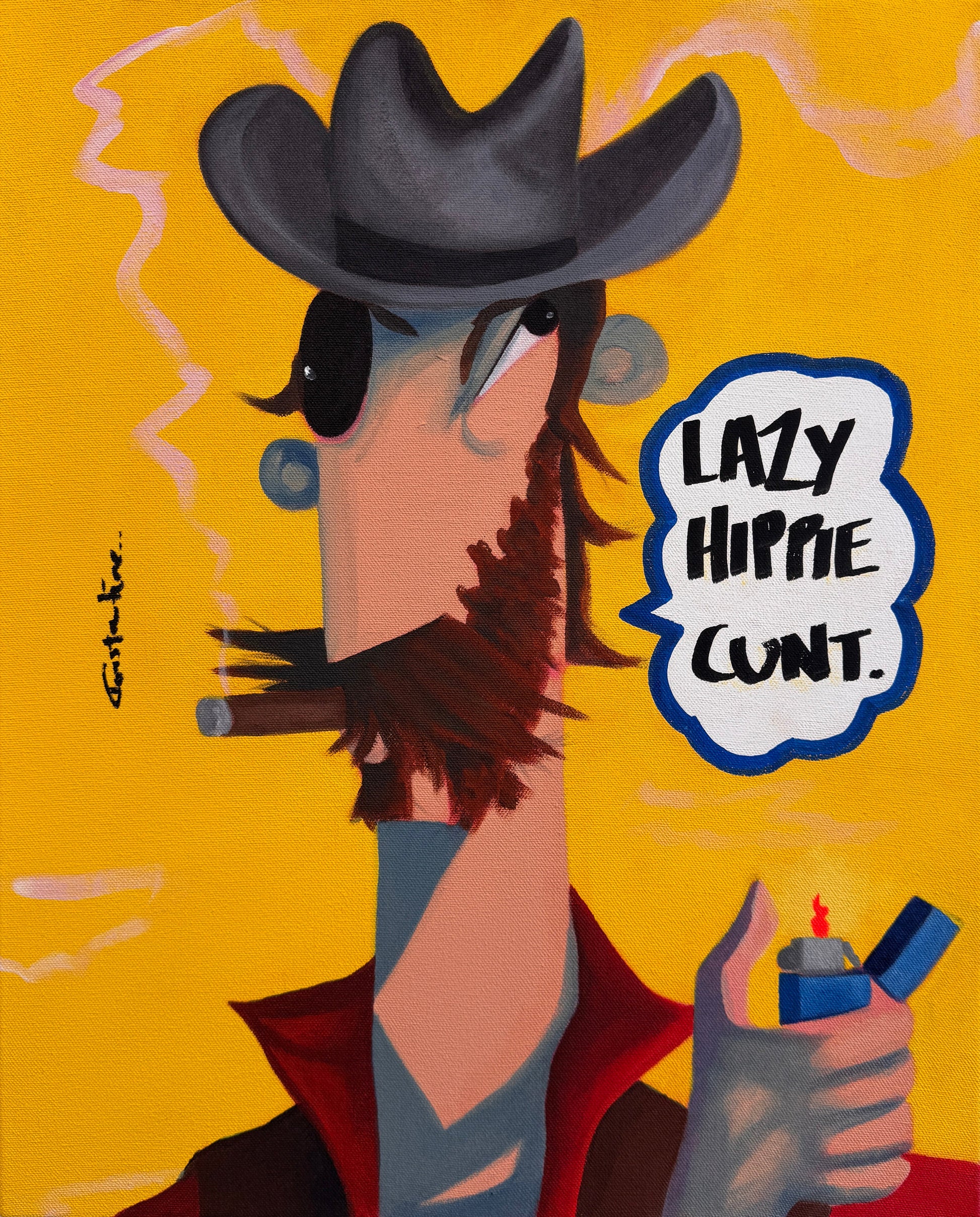 A square acrylic painting on canvas mounted on a textured white wall. The painting features a stylized cowboy character with a black hat, sunglasses, and a brown beard against a bright yellow background, holding a lighter and a spray can.