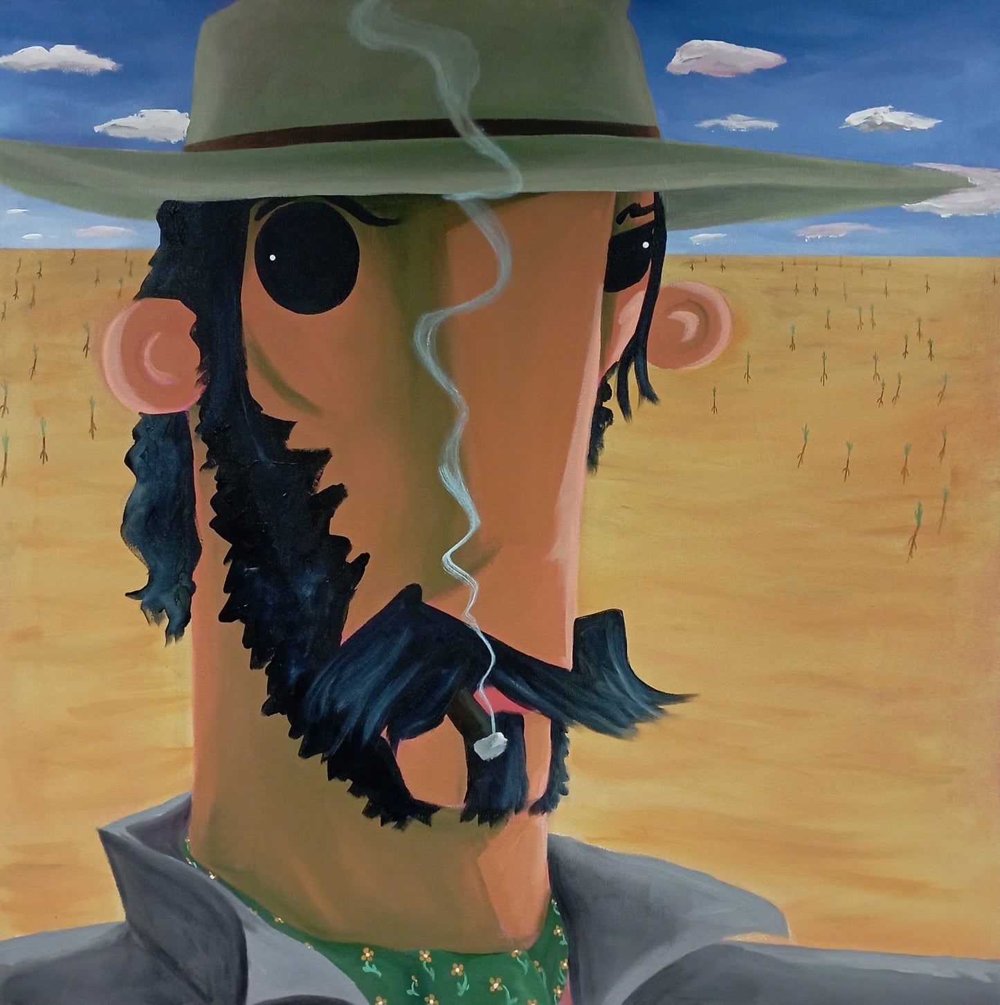 A stylized painted portrait of a cowboy-like figure wearing a wide-brim hat, with a desert landscape and blue sky in the background.