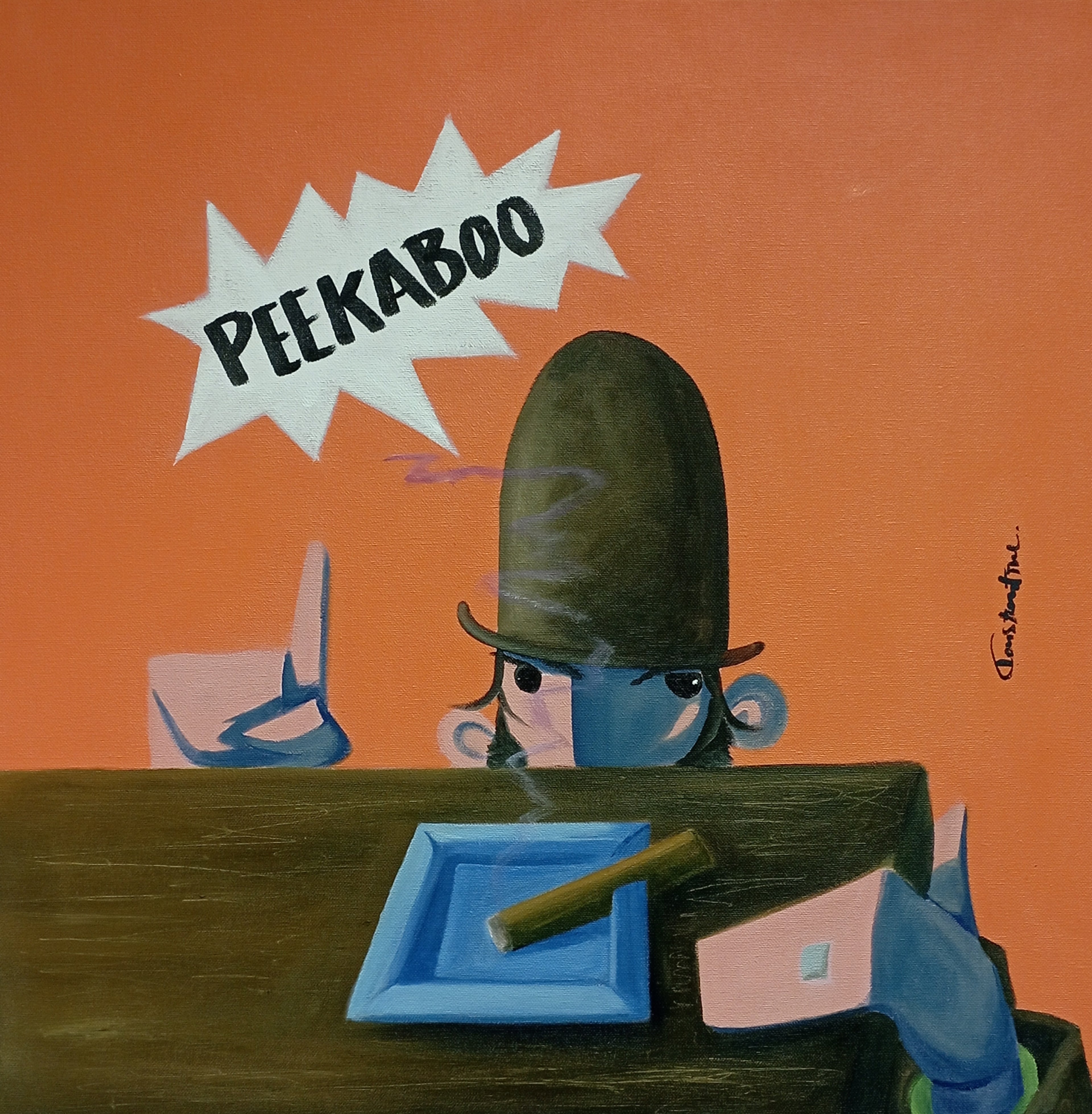 A stylized painting of a peek-a-boo scene on an orange background. A dark blue figure peeks over a brown table with a blue square dish, a cigar, and a pink block, with a white starburst reading “PEEKABOO” above.