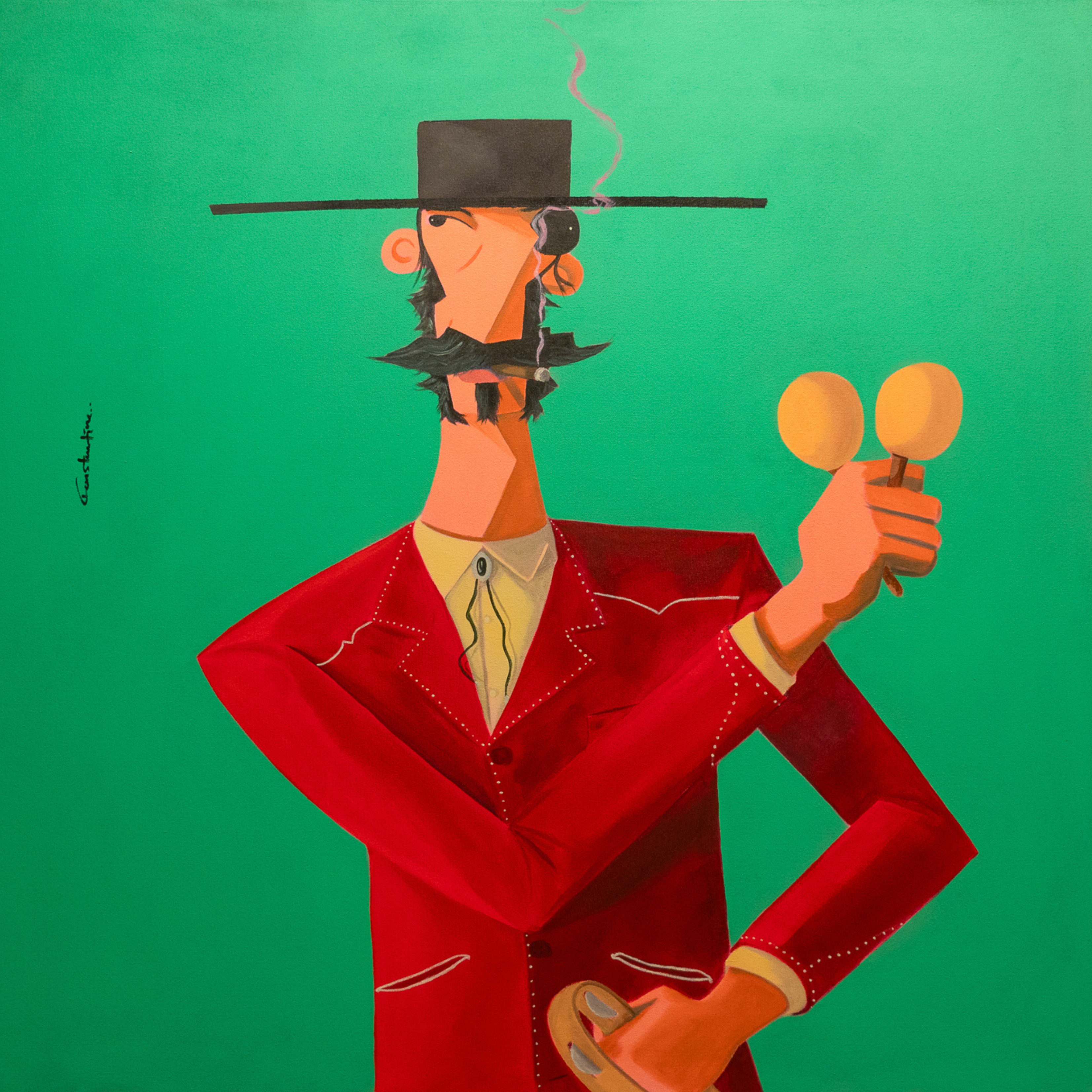 A stylized figurative painting of a man in a red suit and black hat holding maracas against a solid green background.