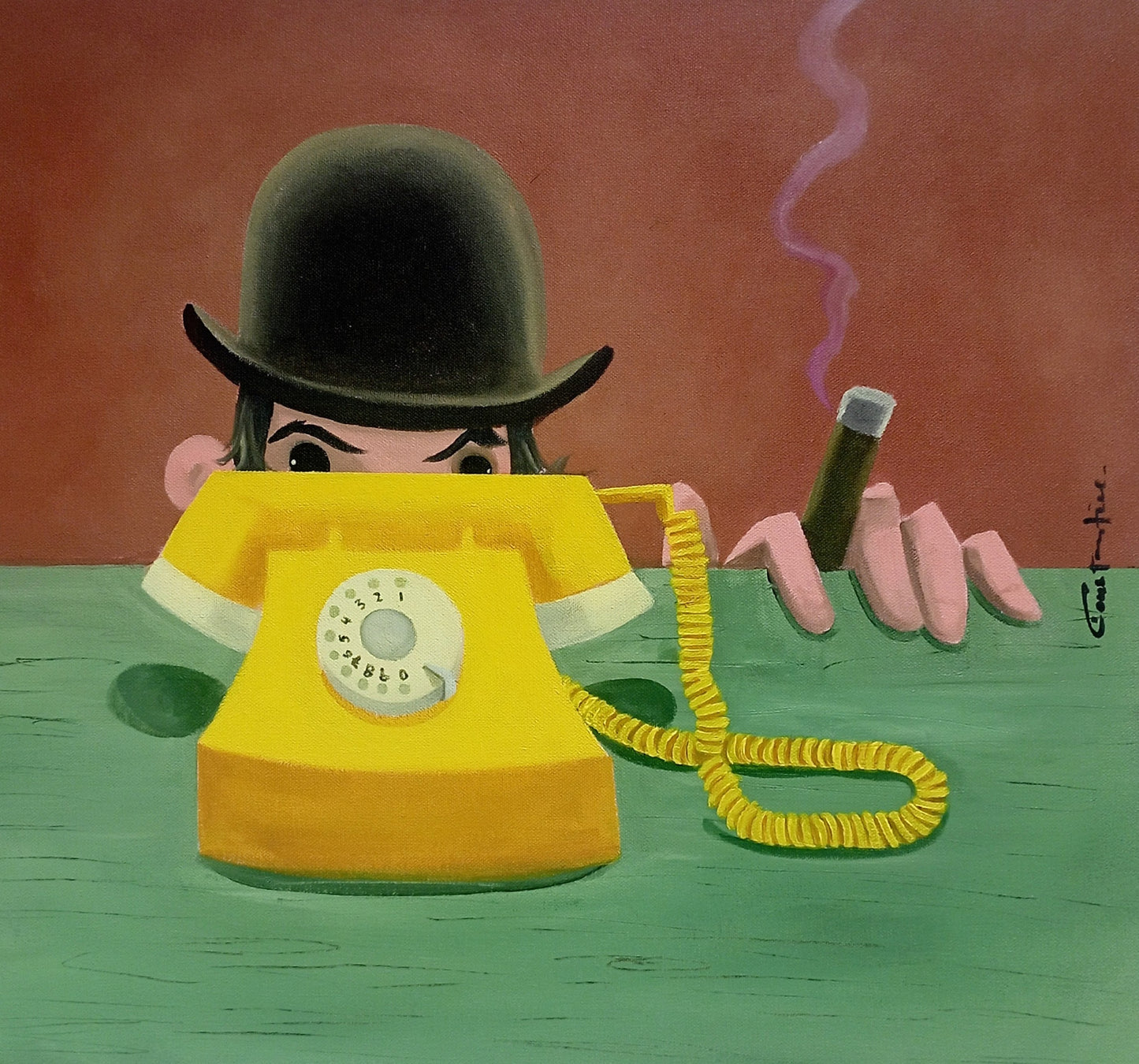 A surreal painting of a person in a black bowler hat behind a bright yellow rotary telephone, with pink hands holding a lit cigarette on a green table against a reddish-brown background.