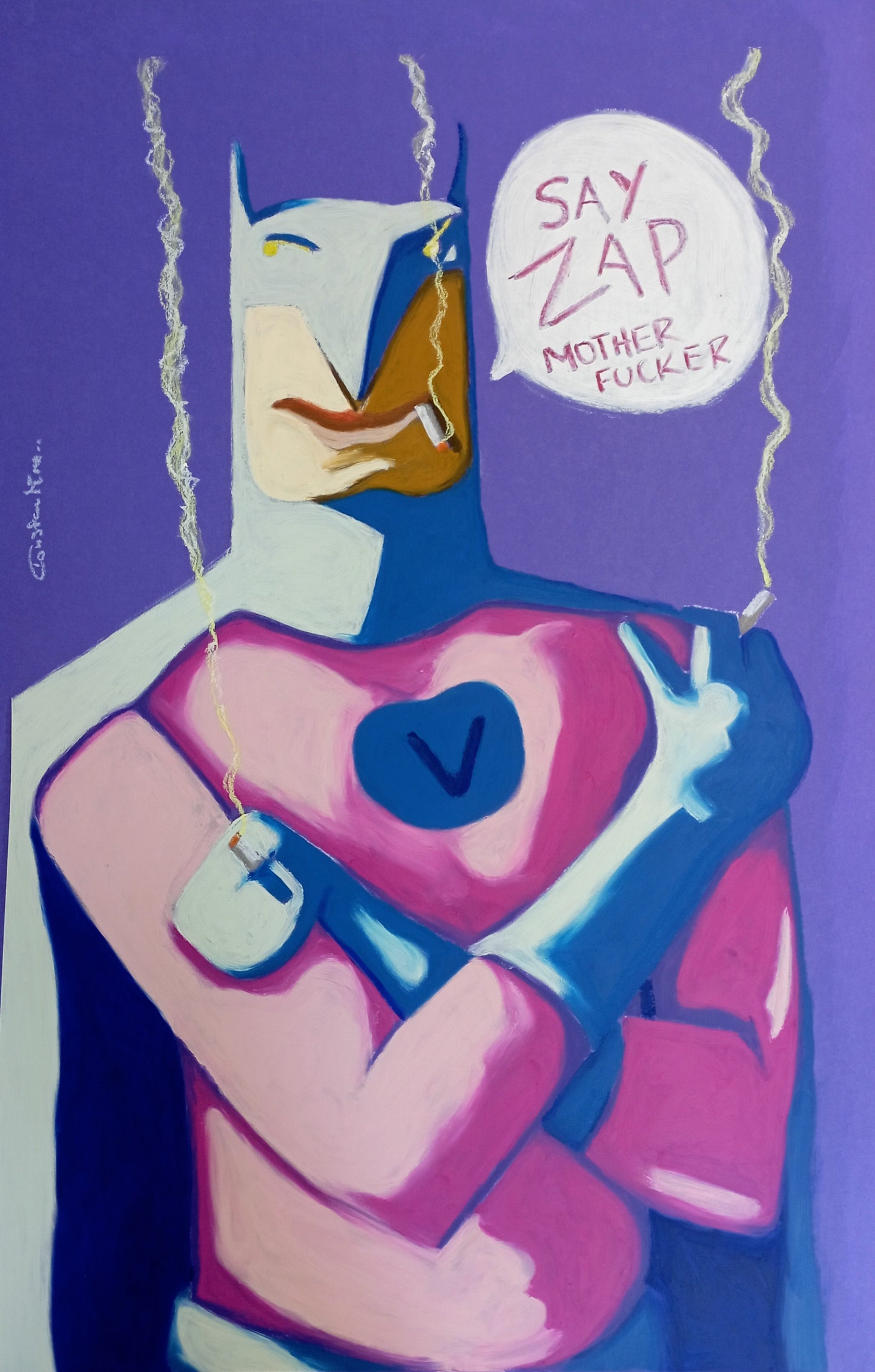 A stylized painting of a superhero-like figure in pink and blue tones against a purple background, with a speech bubble reading 'SAY ZAP MOTHER FUCKER.' This appears to be the artwork itself rather than a product photographed in a real environment, so subject_type is Scenery.