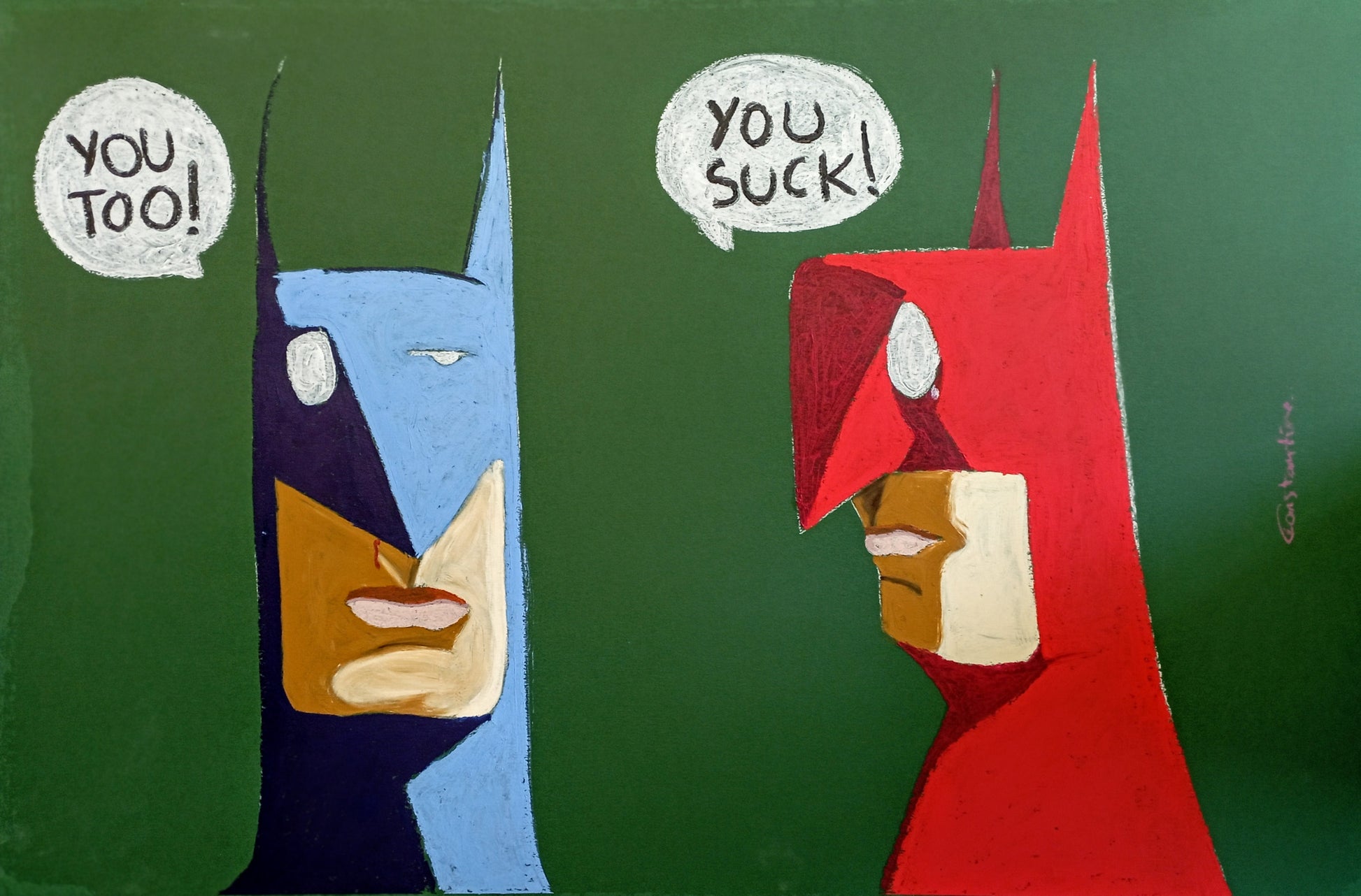 An abstract painting featuring two stylized human figures lying down on a dark green background, with speech bubbles containing the words 'YOU TOY!' and 'YOU SUCK!'. The top figure is blue with tan and cream shapes, and the bottom figure is red with tan and cream shapes.