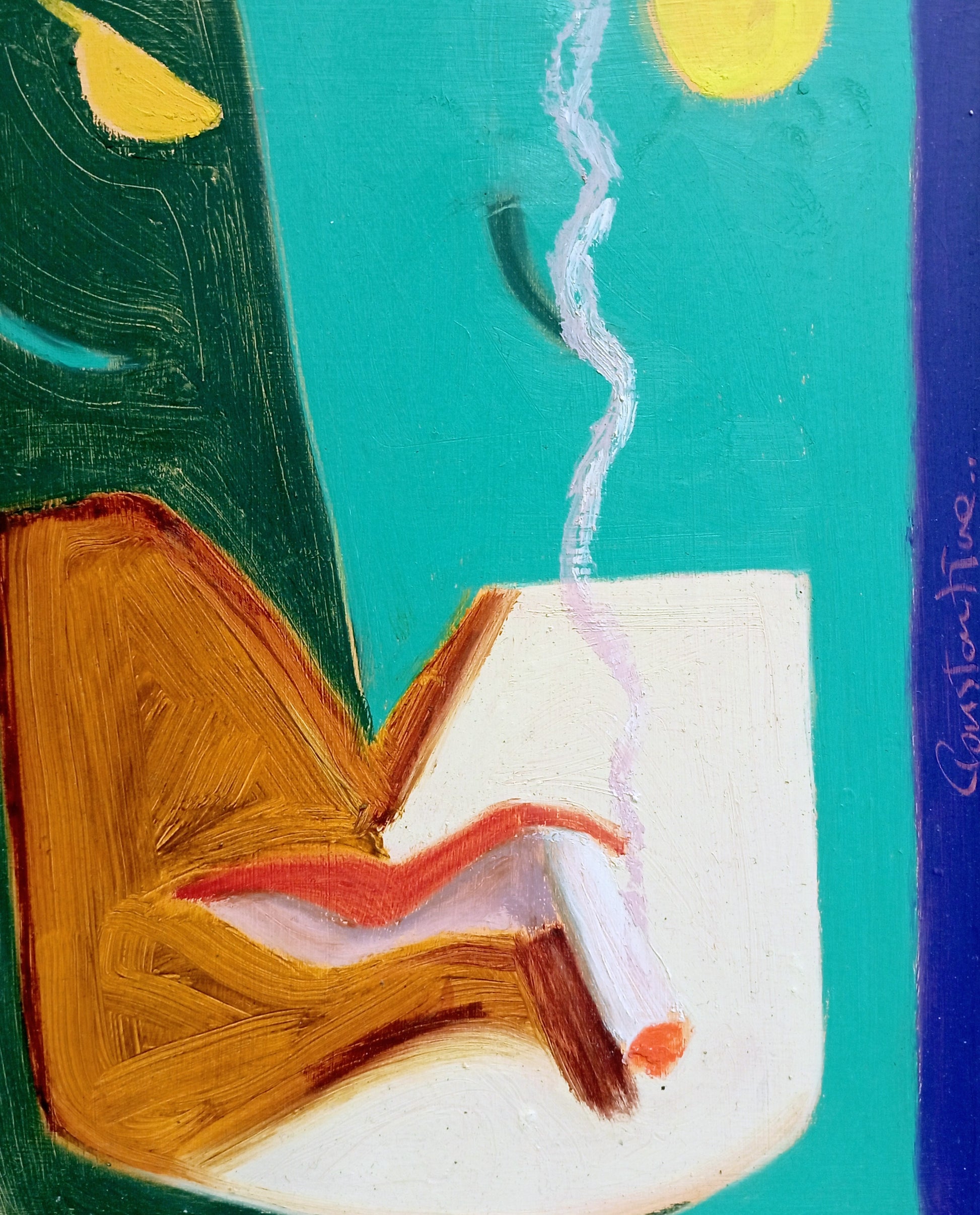 An abstract painting depicting a seated figure in warm brown and orange tones, holding a white cup with a pink and orange accent, set against a turquoise background with a yellow sun and dark green forms.