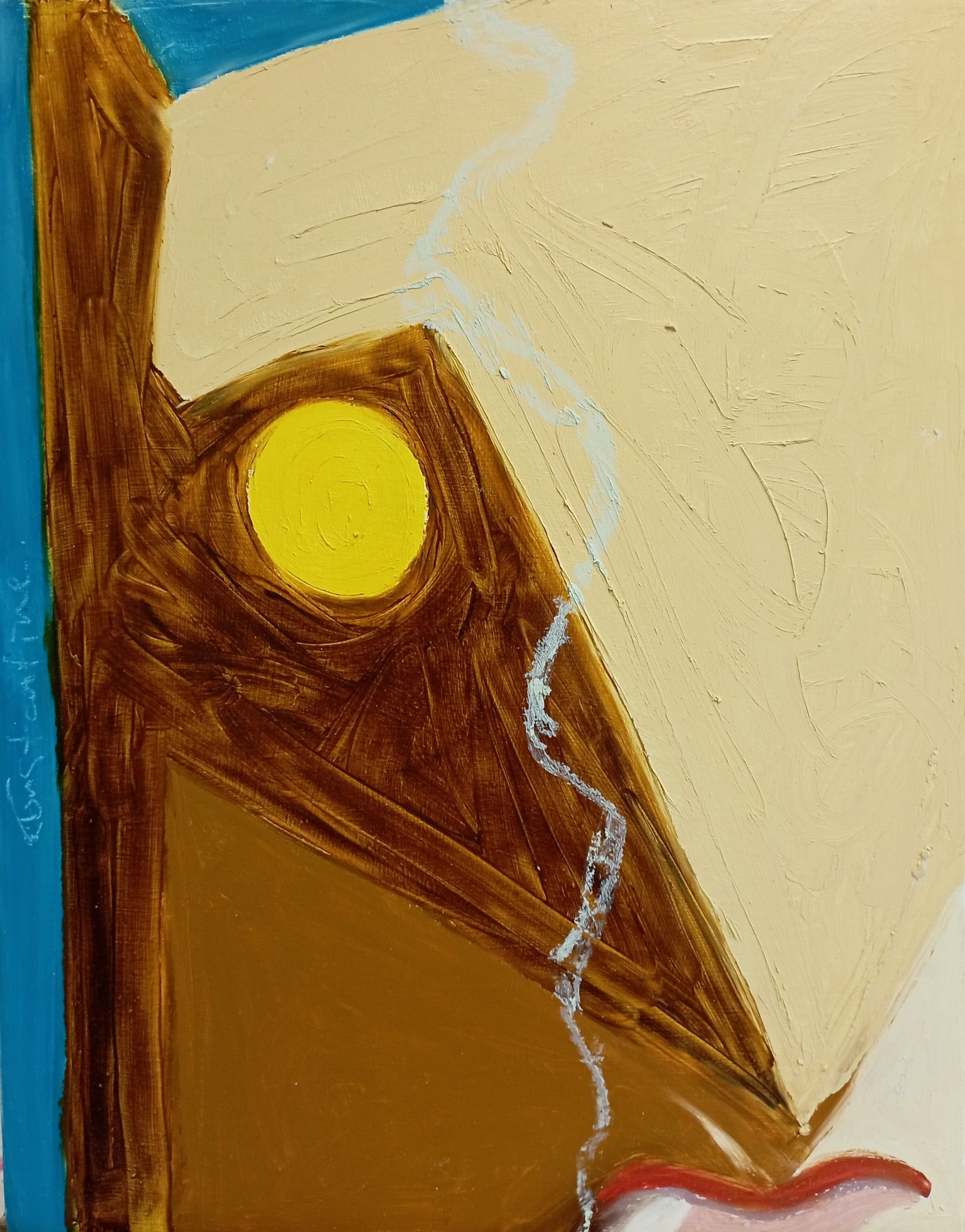 An abstract painting featuring a large brown geometric form with a bright yellow circular element, set against a warm beige background with a blue vertical band on the left and a white zigzag line running vertically.