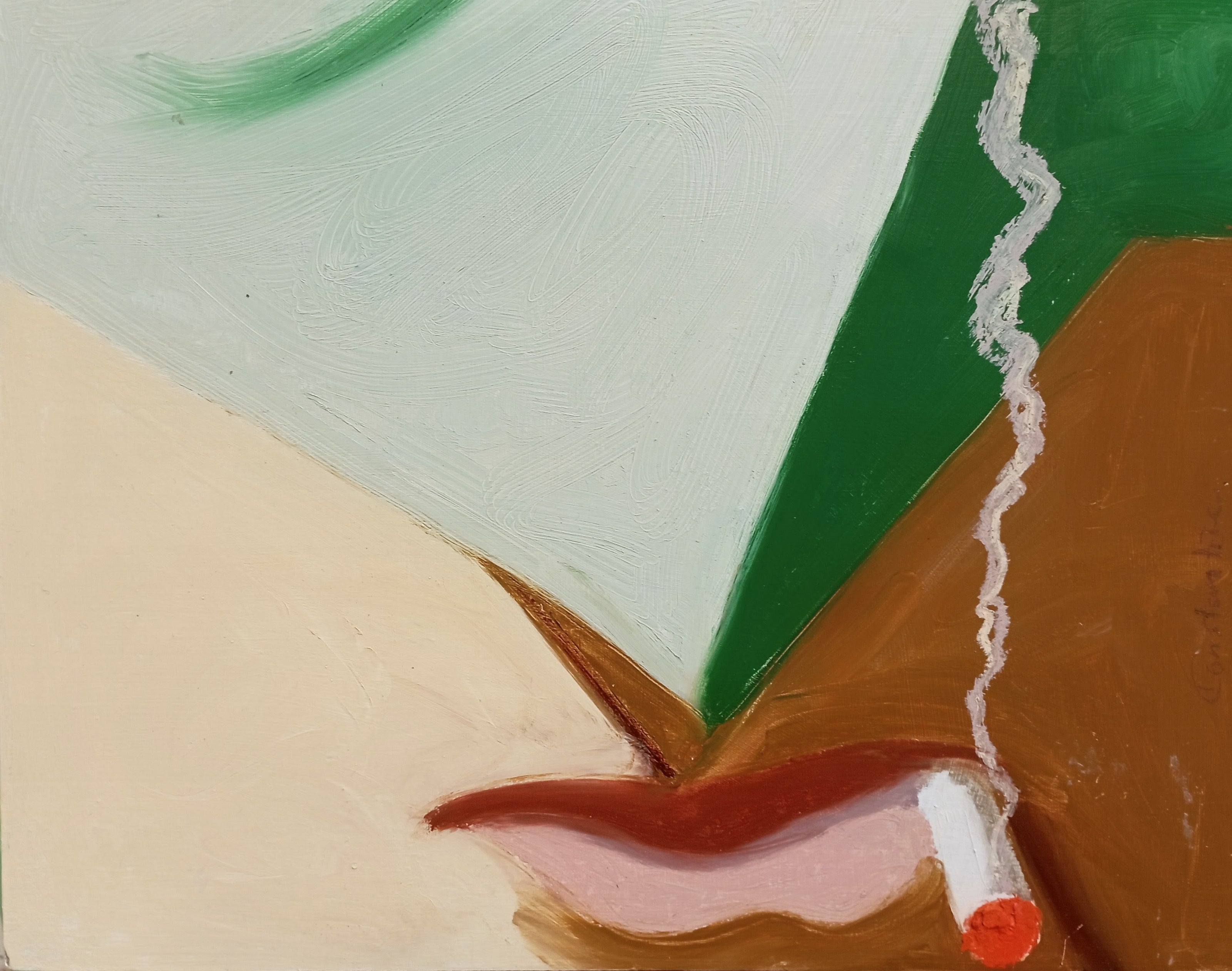 Abstract painting with geometric shapes in green, cream, brown, and pink, featuring a stylized cigarette with white smoke.