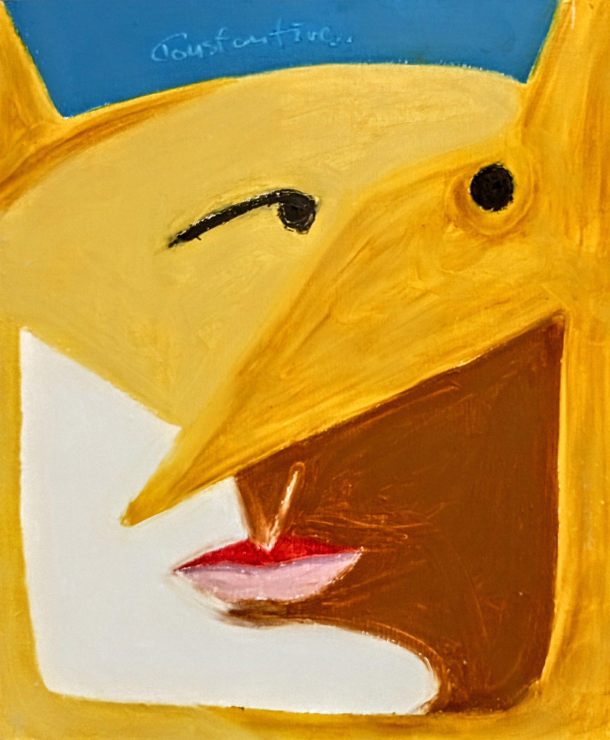Abstract painting of a stylized fox head in yellow, brown, white, blue, and red, with a blue background and a visible artist signature near the top.