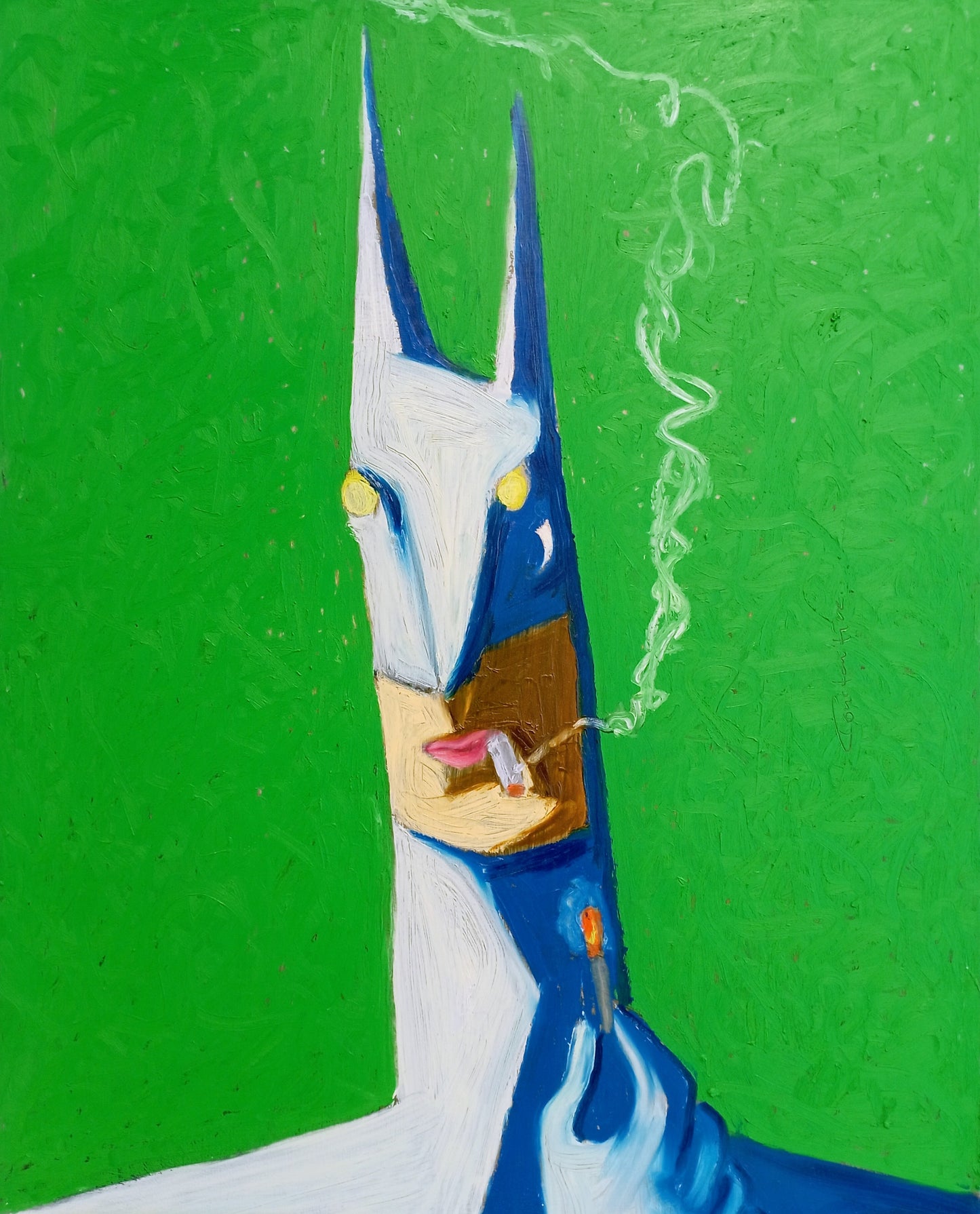 A stylized painted portrait of a cat-like figure with long ears, yellow eyes, a beige muzzle, and blue body, shown against a bright green textured background. The figure holds a cigarette with smoke rising.