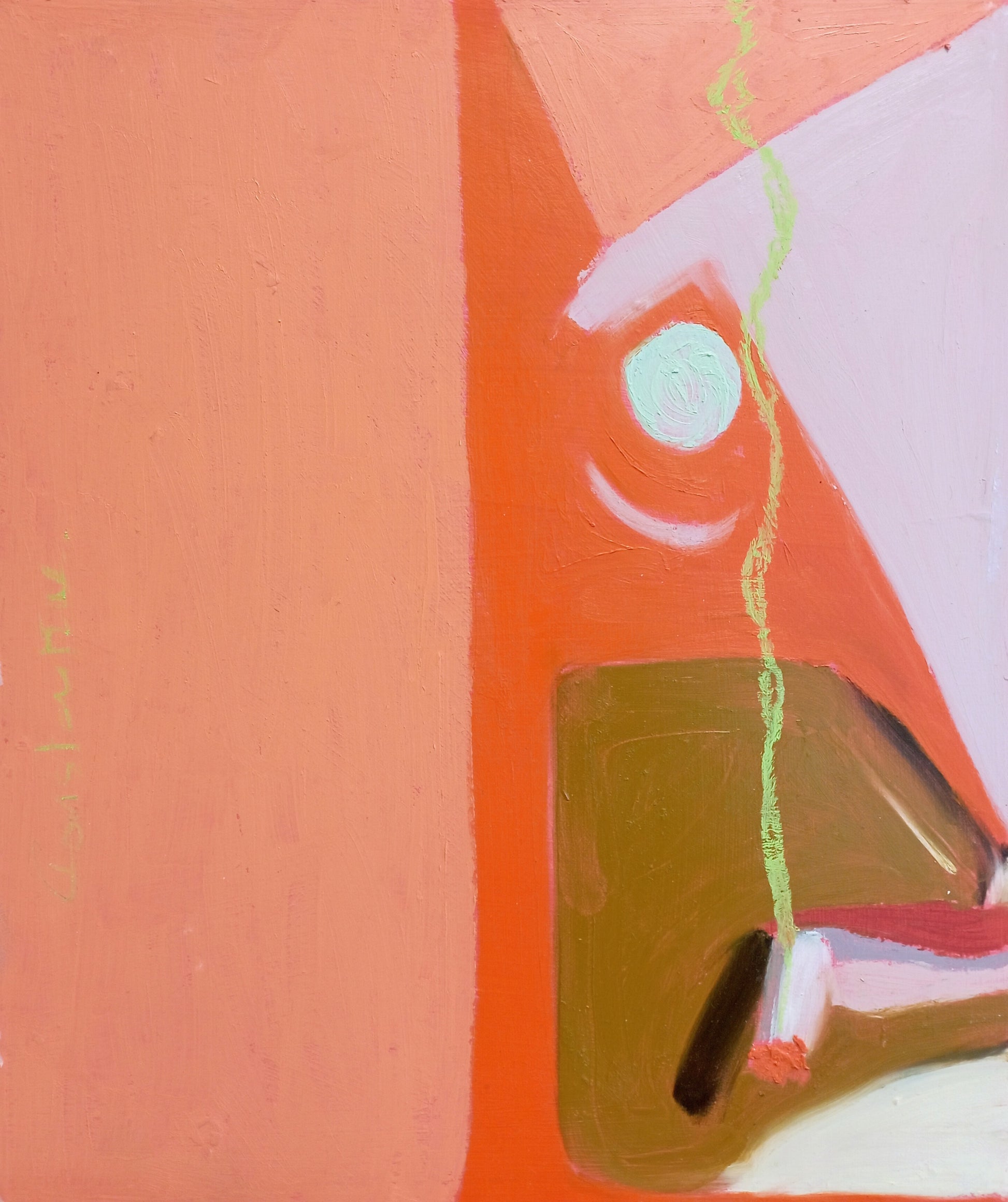 An abstract painting with geometric shapes and textured brushstrokes in coral, orange, pink, olive green, cream, and a small light blue circle.