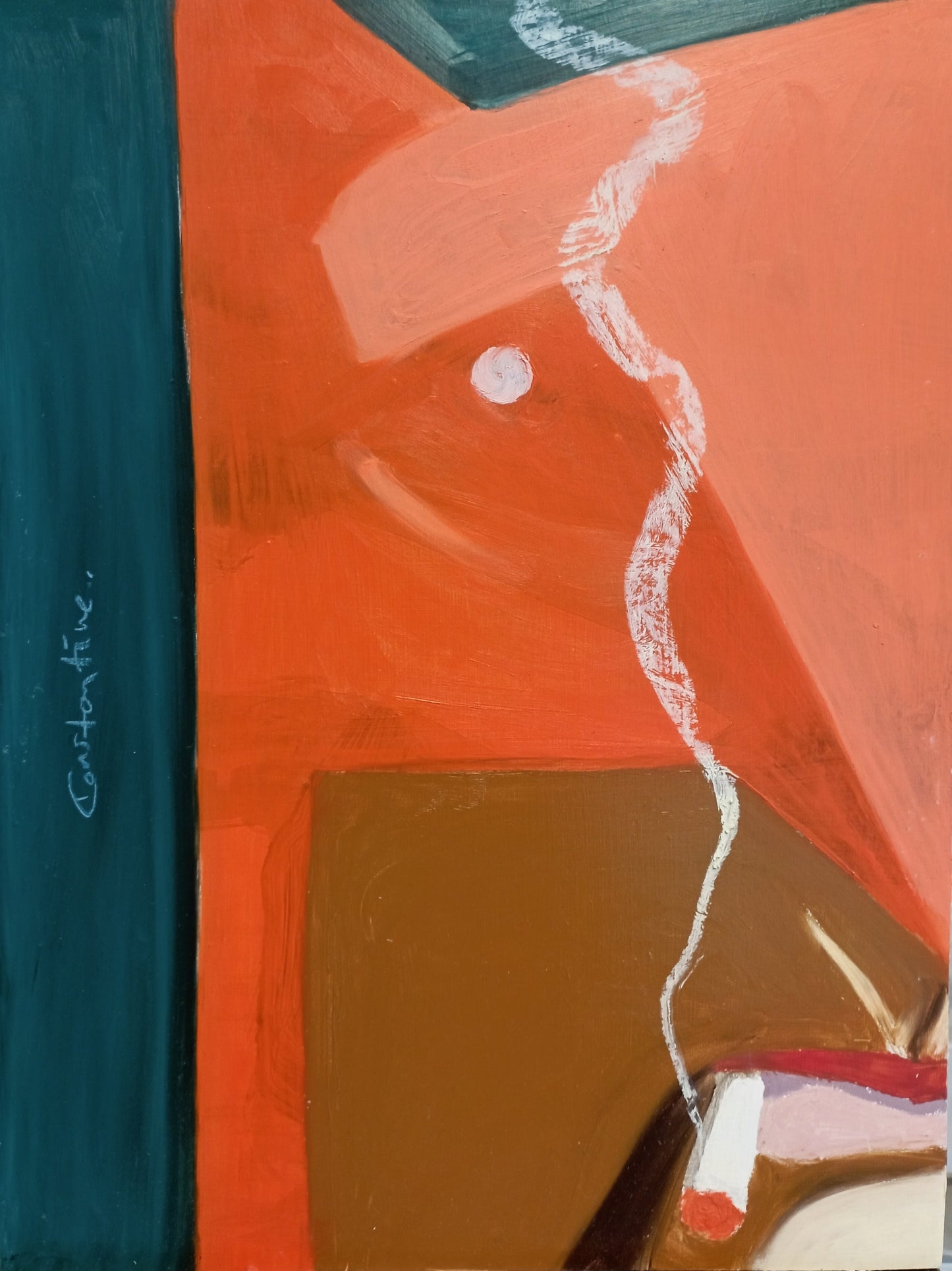 An abstract painting featuring a large terracotta orange shape, a dark teal vertical band on the left with a white signature, a brown block, and a white wavy line.