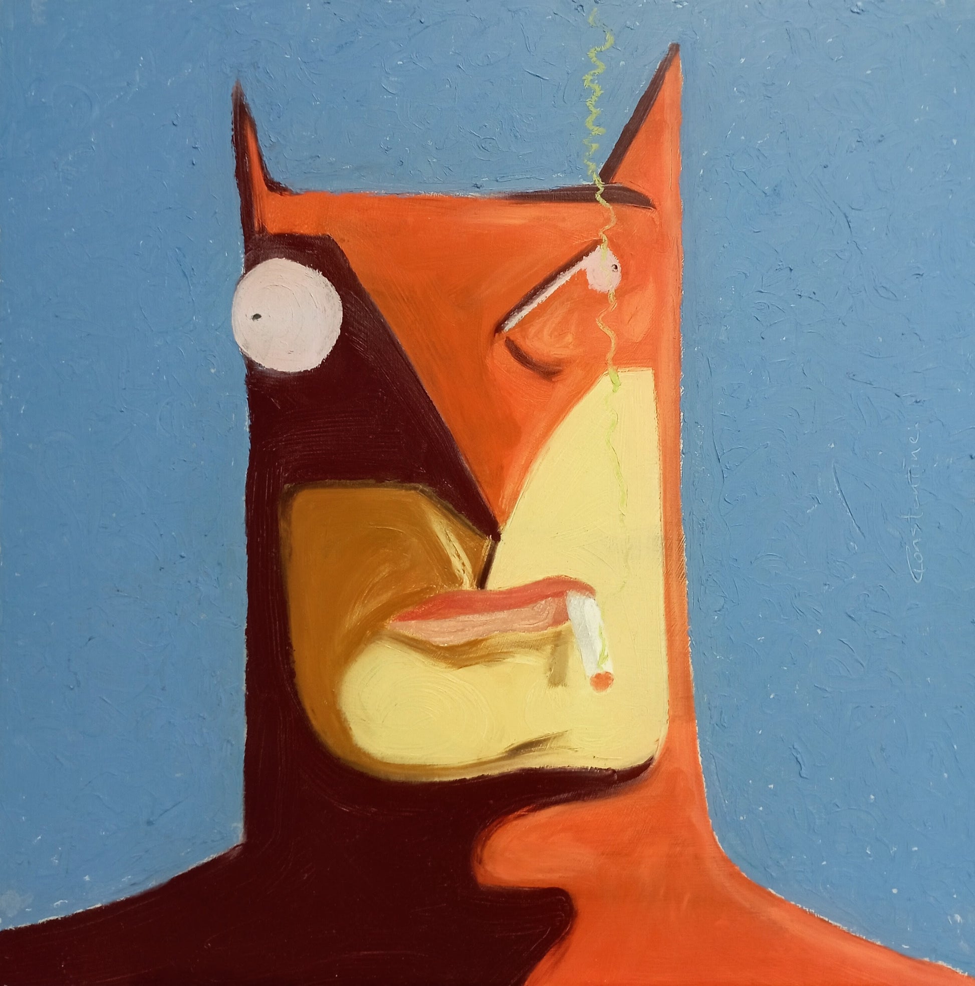 Abstract portrait painting of a stylized face in orange, yellow, brown, and white against a blue background.