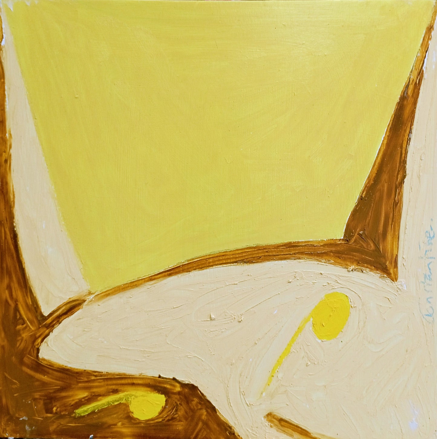 An abstract painting featuring a large pale yellow upper section, a white curved lower section, and brown and yellow brushstrokes forming a stylized face or animal head.
