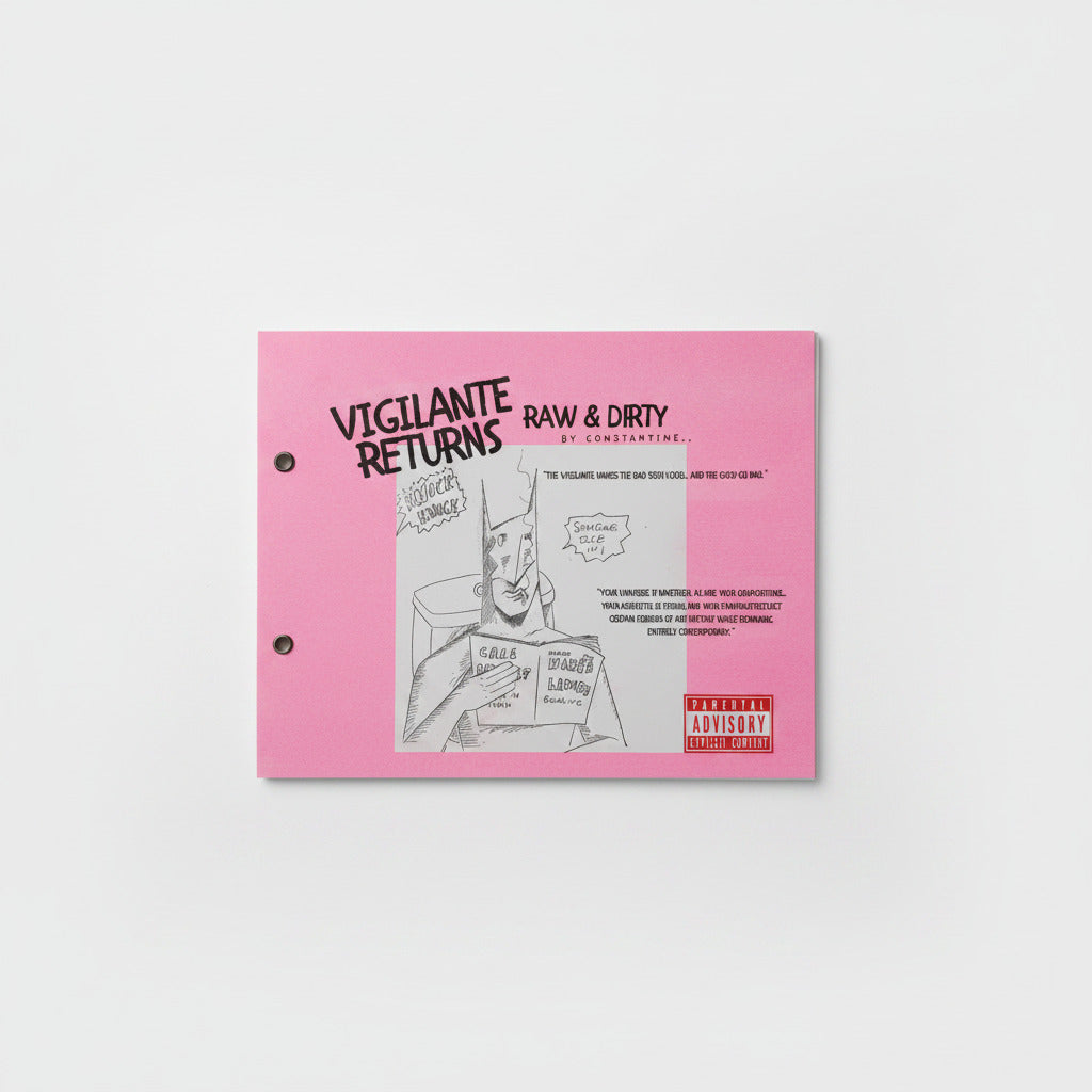 A pink binder folder for the album 'Vigilante Returns' by Constantine, featuring a black-and-white cartoon illustration and a red Parental Advisory label, shown on a white wall.