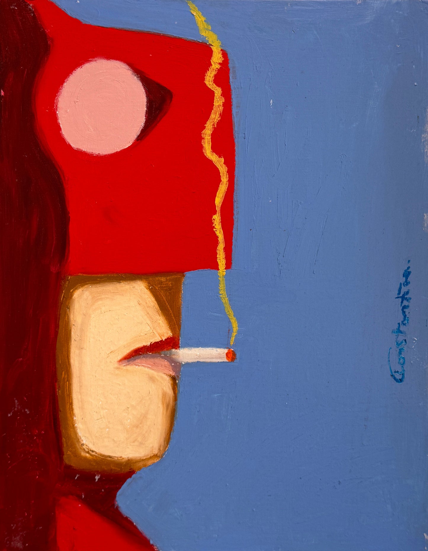 A square abstract painting mounted on a textured beige wall. The artwork features a bold composition with a large red shape on the left, a pale beige face-like form, a pink circle, a yellow wavy line, and a blue field on the right.