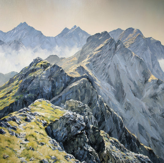 Oil Painting by Paul Pacey of Cuillin Ridge Mountains in bright daylight, with wispy clouds at the peaks of the mountains.