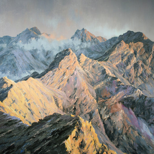 Painting of mountain landscape with light illuminating the peaks