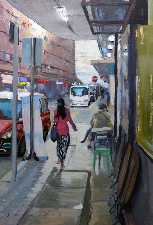 Painting of a city street scene with people and vehicles.