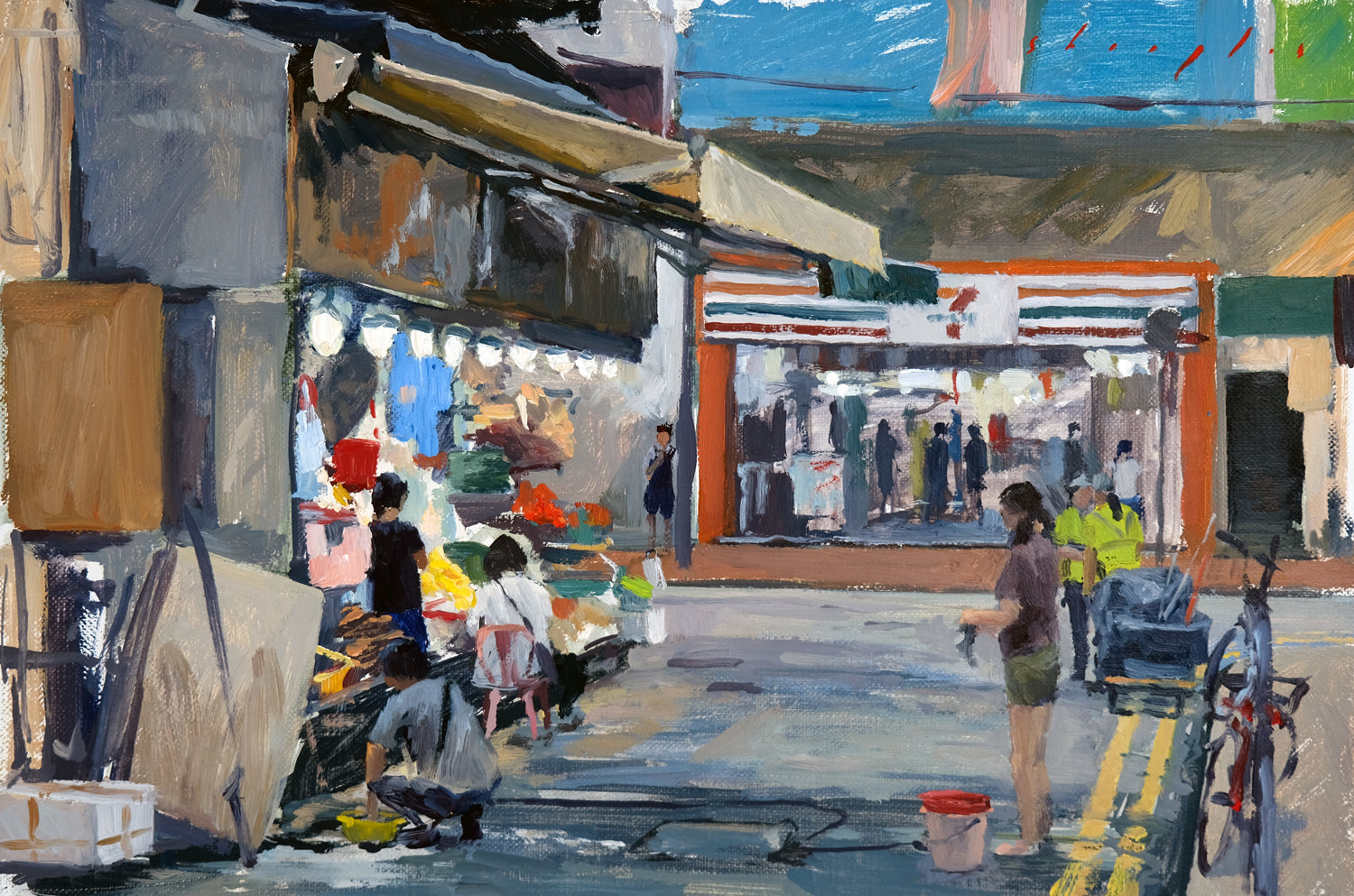 Painting of a street scene with people and shops