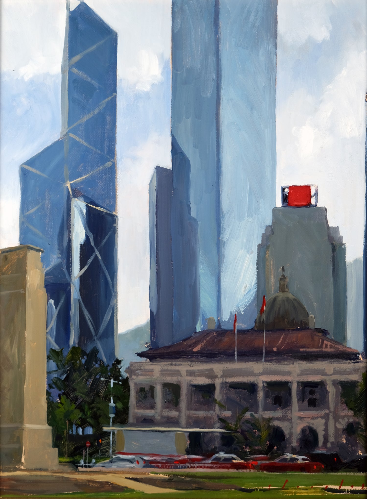Painting of a cityscape with modern skyscrapers and a classical building.