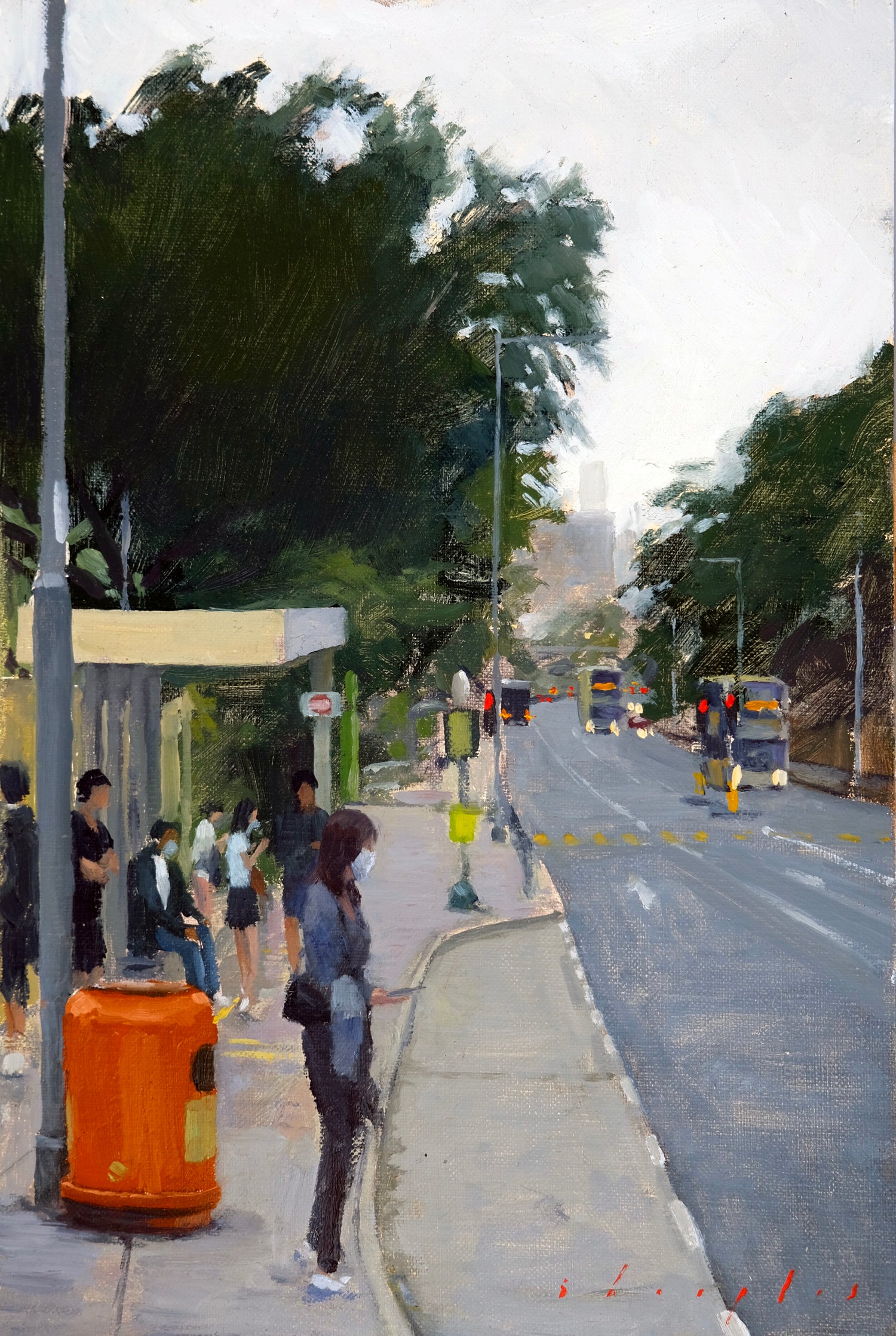 Street scene with people at a bus stop and vehicles on a road.