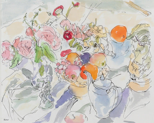 Artistic depiction of flowers and fruits on a table with abstract elements.