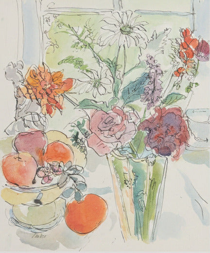 Artistic depiction of flowers and fruits on a table with a window in the background.