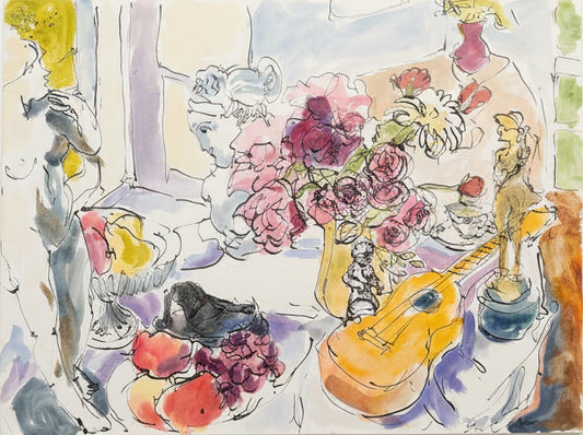 Artistic depiction of a still life scene with flowers, a ukelele, and other objects on a table.
