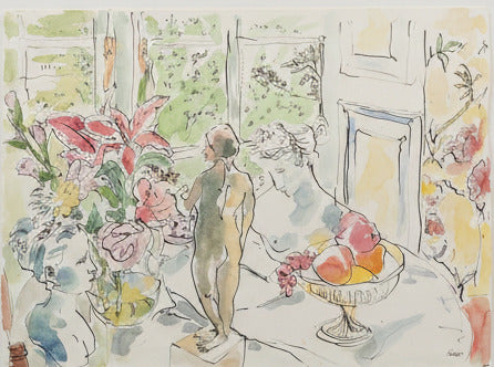 Artistic depiction of a statue in a room with flowers and fruit, framed artwork.